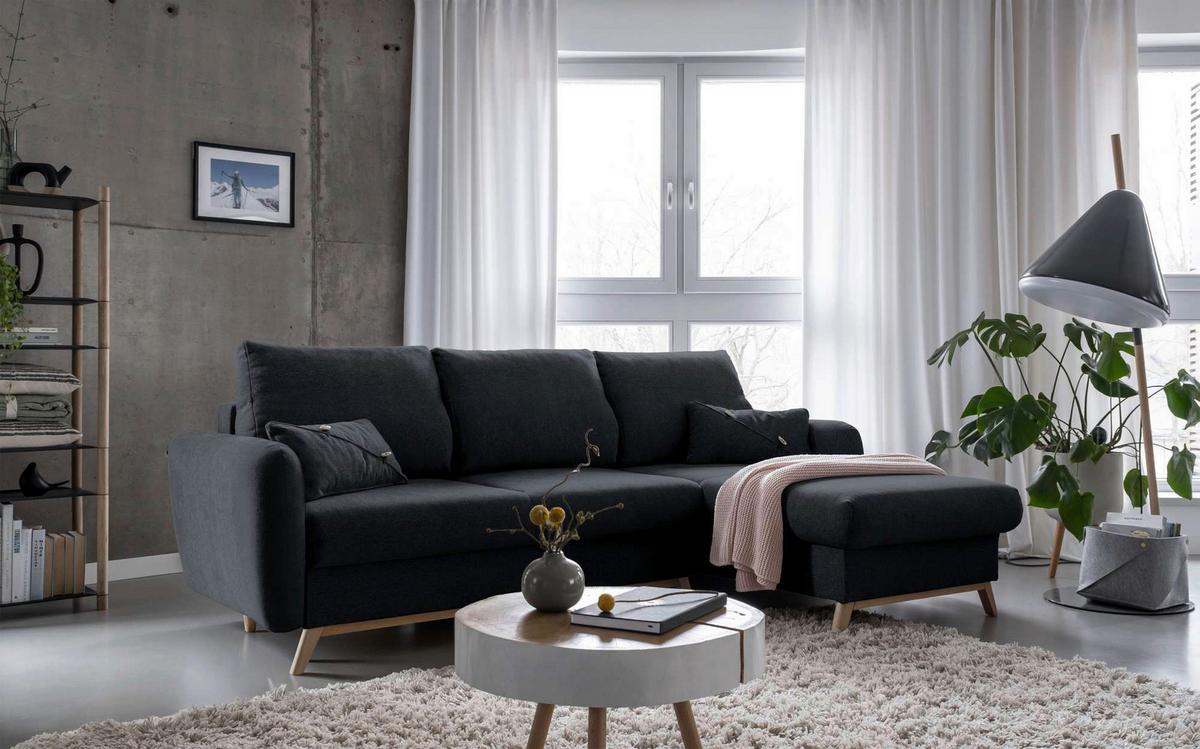 Sedačka LUCILE S, pravá, tm.sivá, úl.priestor a lôžko - prírodná farba/tmavosivá, drevo/textil (235/157cm) - MID.YOU