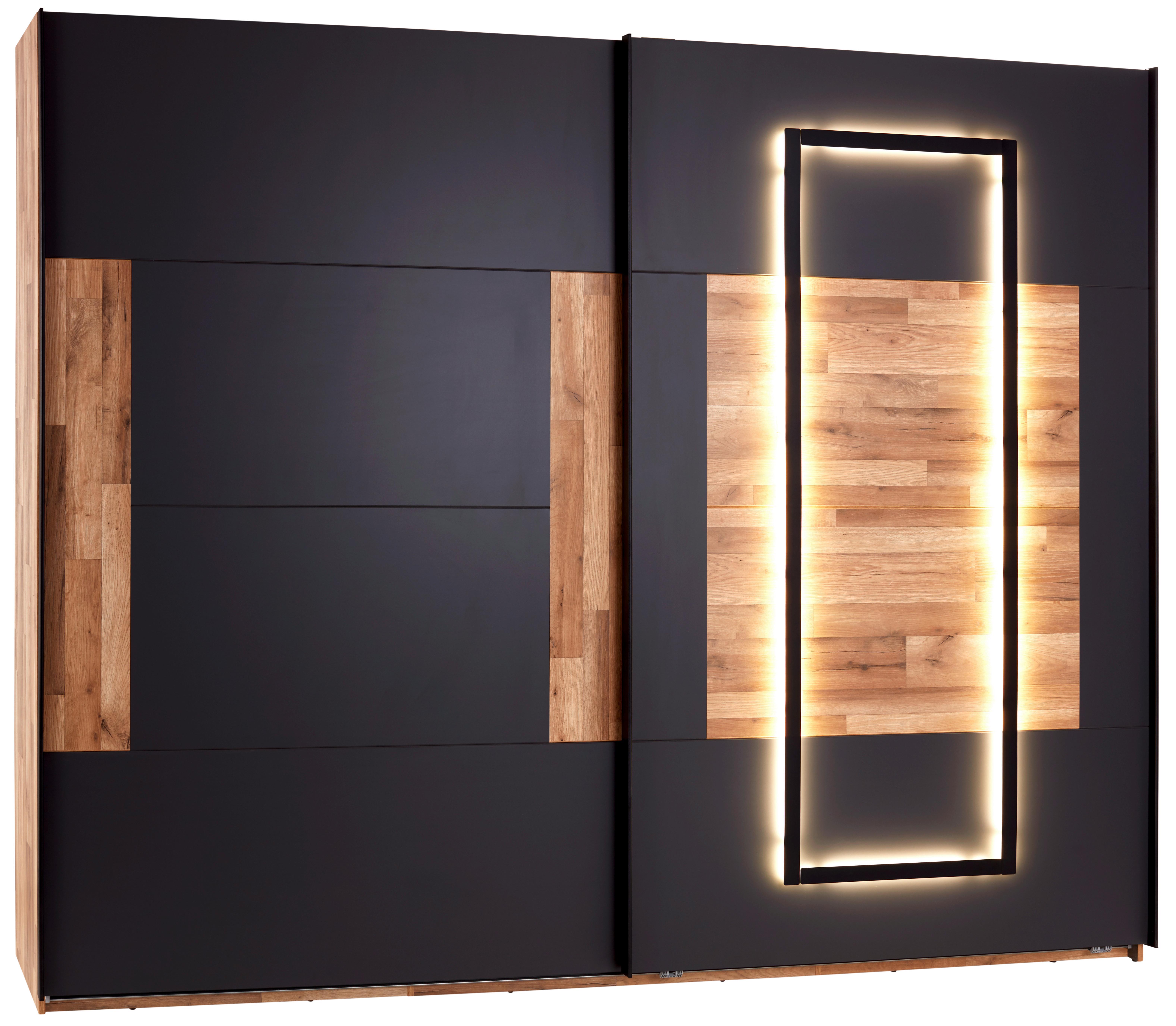 Schwebetürenschrank + LED 270cm , Graphit/Eiche Dekor - Eichefarben/Graphitfarben, KONVENTIONELL, Holzwerkstoff (270/225,5/60cm) - James Wood