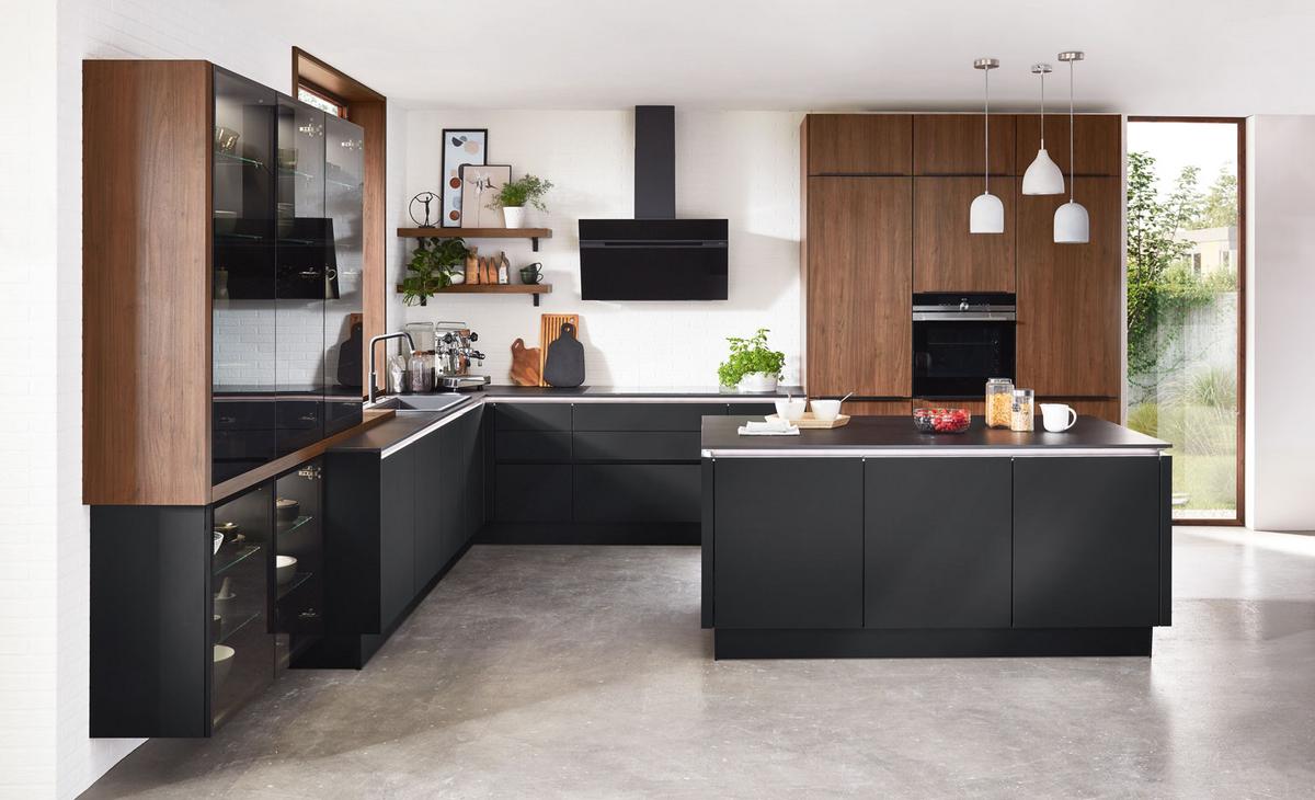 Einbauküche Riga Frei Planbar Modern, Grifflos - Eichefarben/Schwarz, MODERN, Holzwerkstoff - Vertico