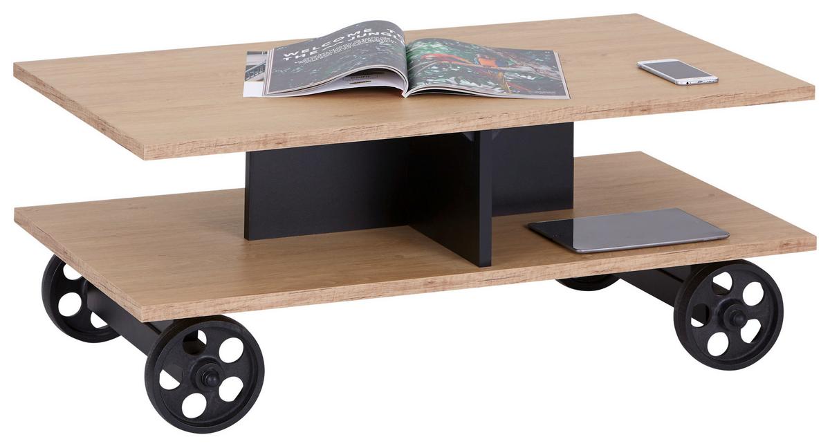 Couchtisch Mit Ablagefläche + Rollen Arkona, Eiche Dekor - Eichefarben/Schwarz, LIFESTYLE, Holzwerkstoff/Kunststoff (55/45/100cm) - MID.YOU