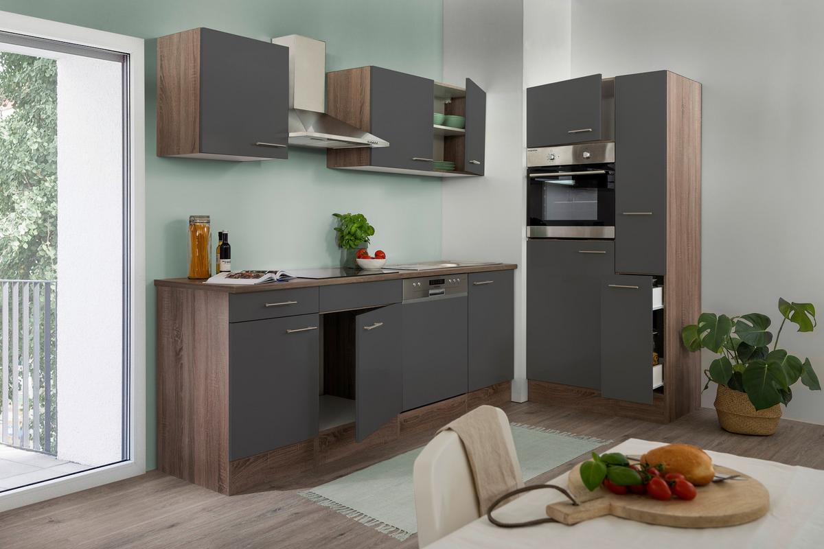 Küchenzeile ohne Geräte B: 310 cm Grau/Eiche Dekor - Eichefarben/Grau, Basics, Holzwerkstoff (310cm) - Respekta