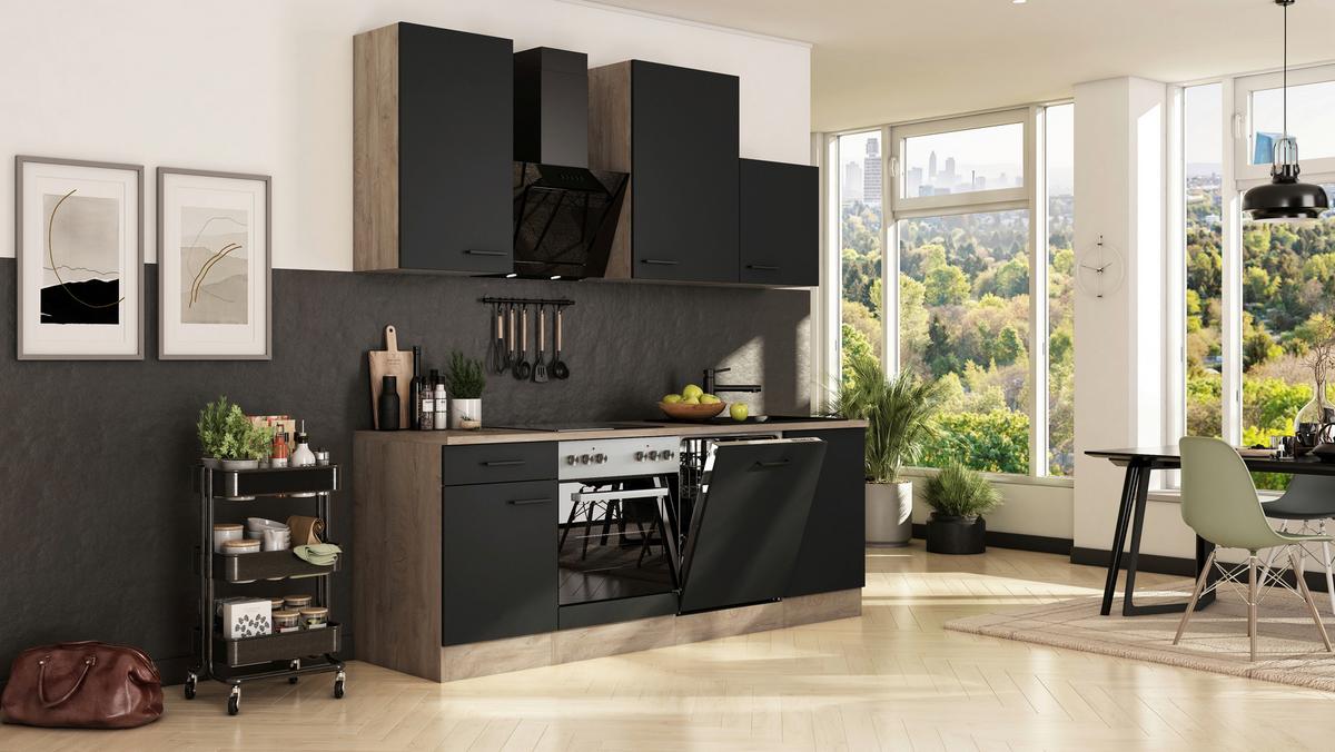 Küchenblock Capri Eiche/Schwarz B: 220 cm - Eichefarben/Schwarz, Basics, Holzwerkstoff (220cm) - FlexWell
