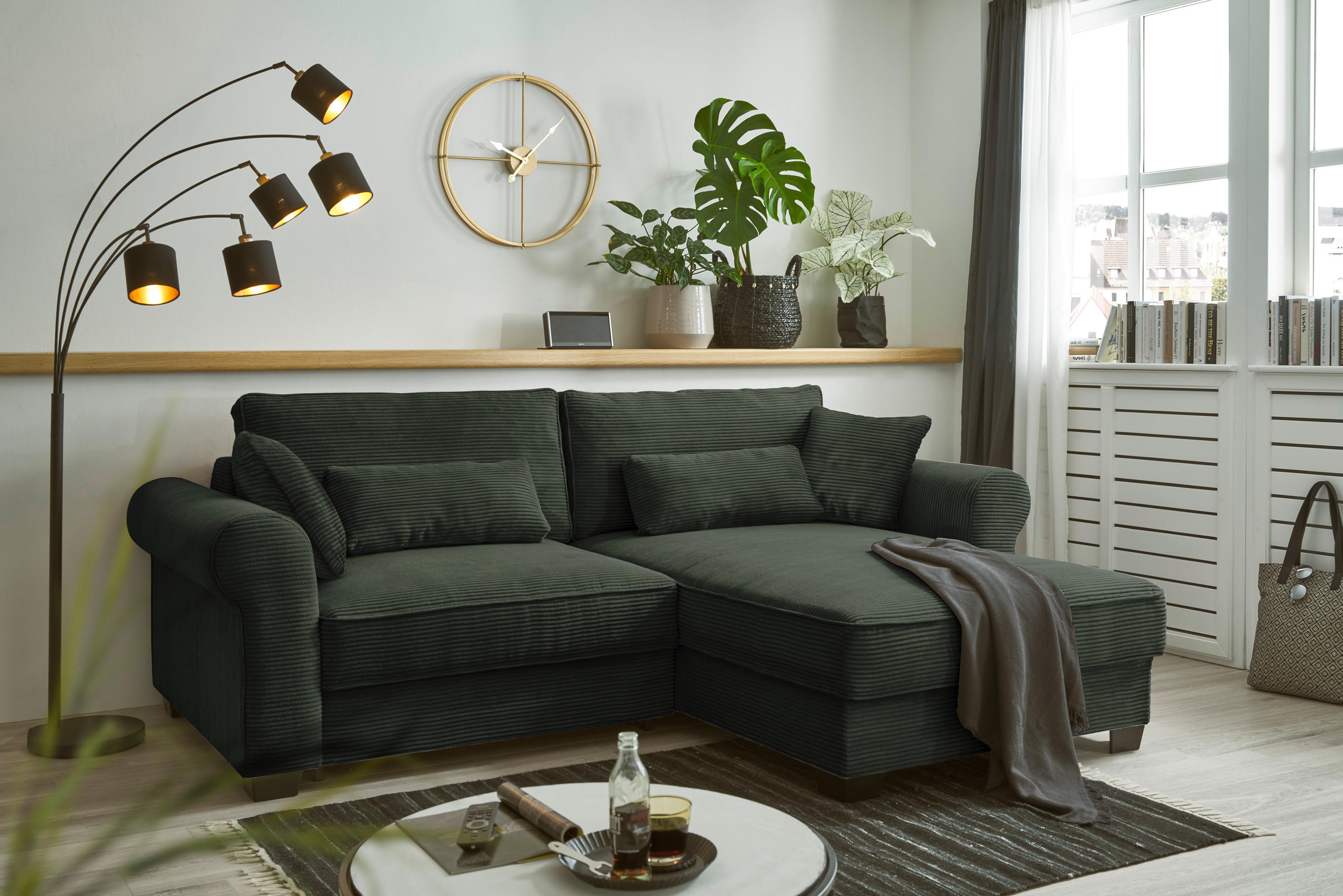 Ecksofa Mit Schlaffunktion Angelina Dunkelgrün Kord - Dunkelgrün/Schwarz, Basics, Textil (255/92/185cm) - MID.YOU