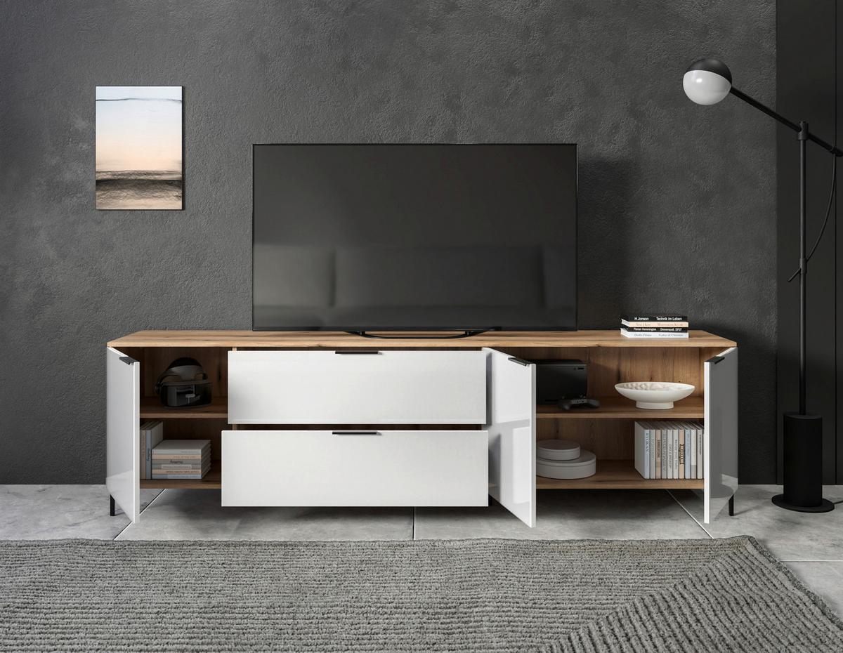 TV-Lowboard Austin 225 cm Eichefarben/Glasfront Weiss - Eichefarben/Schwarz, Trend, Glas/Holzwerkstoff (225/63/40cm)