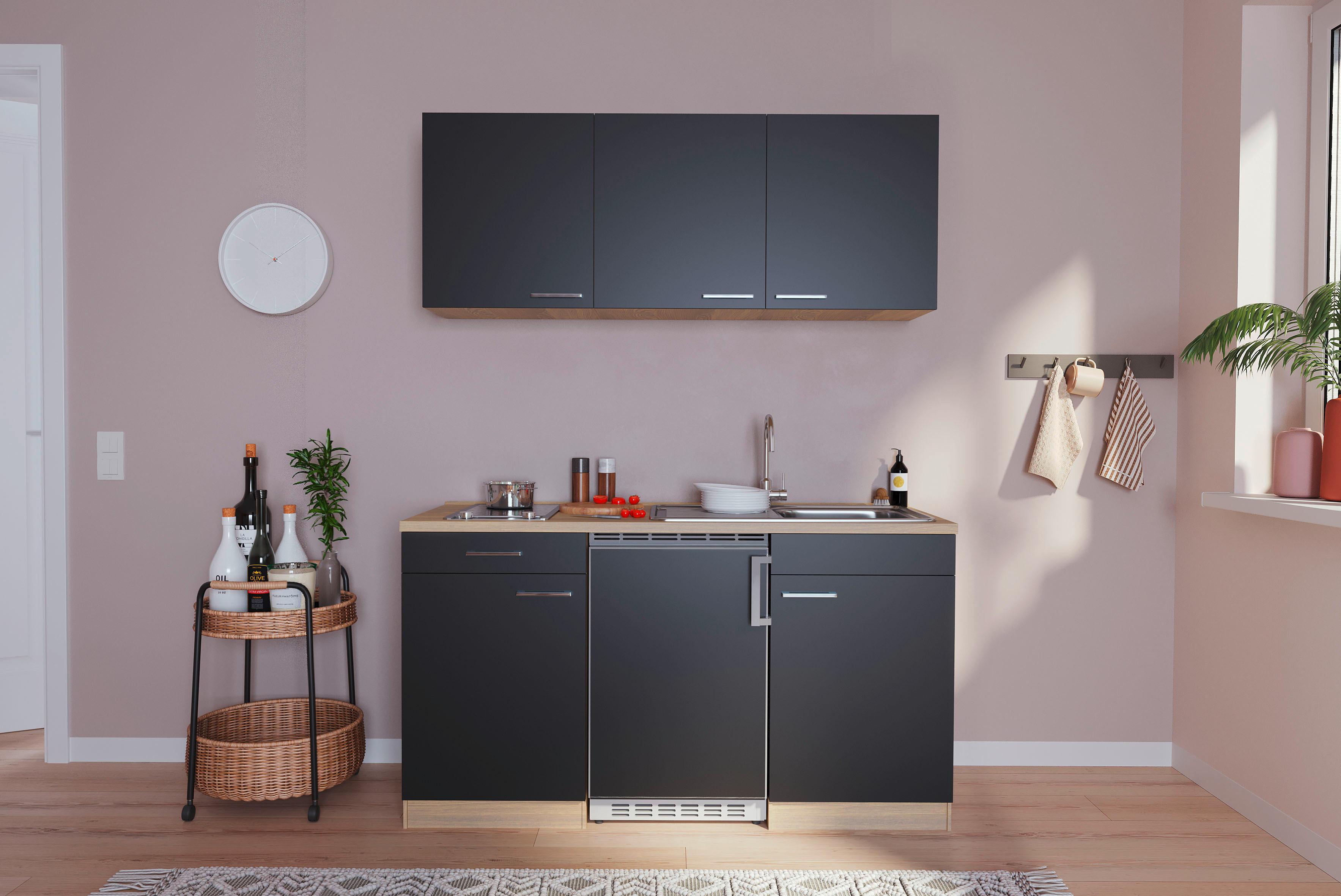 Miniküche m. Kühlschrank + Kochfeld 150 cm Schwarz/Eiche - Eichefarben/Schwarz, Basics, Holzwerkstoff (150cm) - Respekta