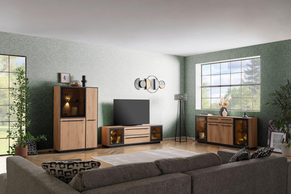 Highboard Nadiro B: 101 Cm Wildeiche Dekor/schwarz Matt - Eichefarben/Schwarz, Trend, Glas/Holzwerkstoff (101/161/41cm) - Livetastic