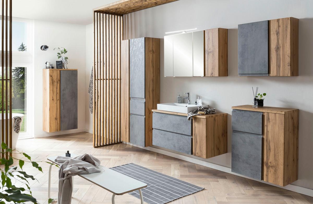 Badezimmer Hochschrank Varese BxH 65x180cm Grau/ Eiche Dekor - Eiche Wotan/Hellgrau, MODERN, Holzwerkstoff (65/180/35cm) - Held