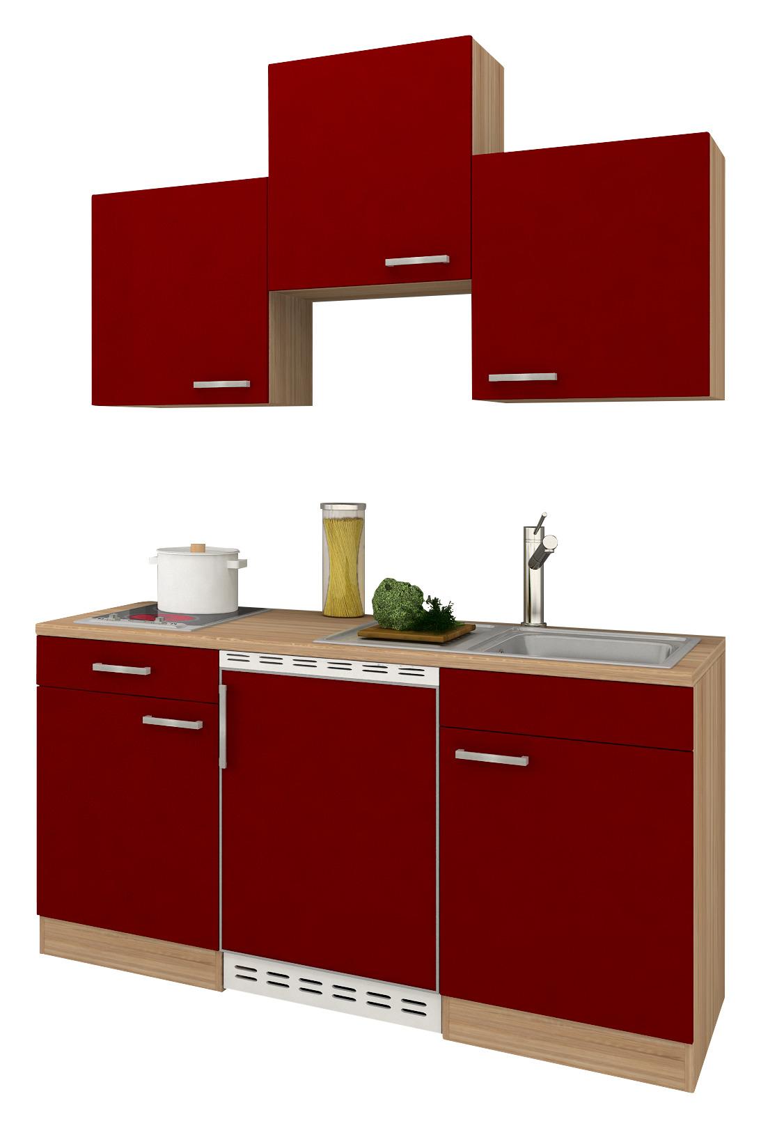 Miniküche mit Kühlschrank + Kochfeld 150cm Rot/Eiche Dekor - Eichefarben/Rot, Basics, Holzwerkstoff (150cm) - Respekta