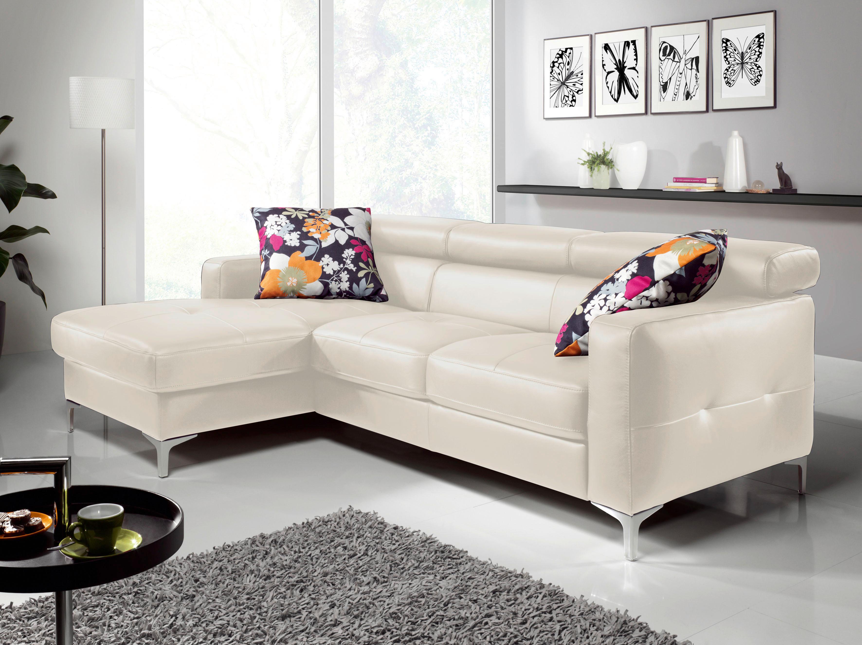 Ecksofa Mit Schlaffunktion Sammy Hellgrau Leder - Chromfarben/Hellgrau, Design, Leder (168/227cm) - Livetastic
