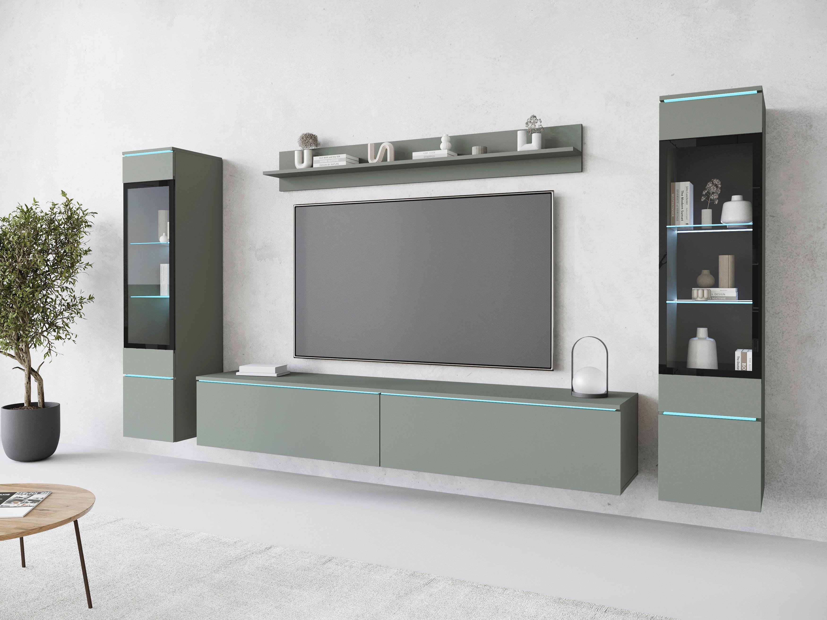 Wohnwand Vera II 4-Teilig Grün B: 240 cm - Grau/Grün, Trend, Glas/Holzwerkstoff (240/130/33cm)