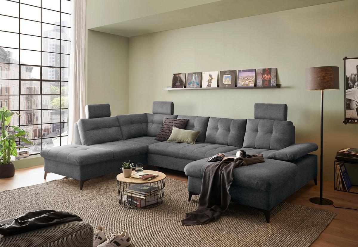 Wohnlandschaft Durban U mit Bettkasten Dunkelgrau - Schwarz/Graphitfarben, KONVENTIONELL, Textil (218/324/170cm) - MID.YOU