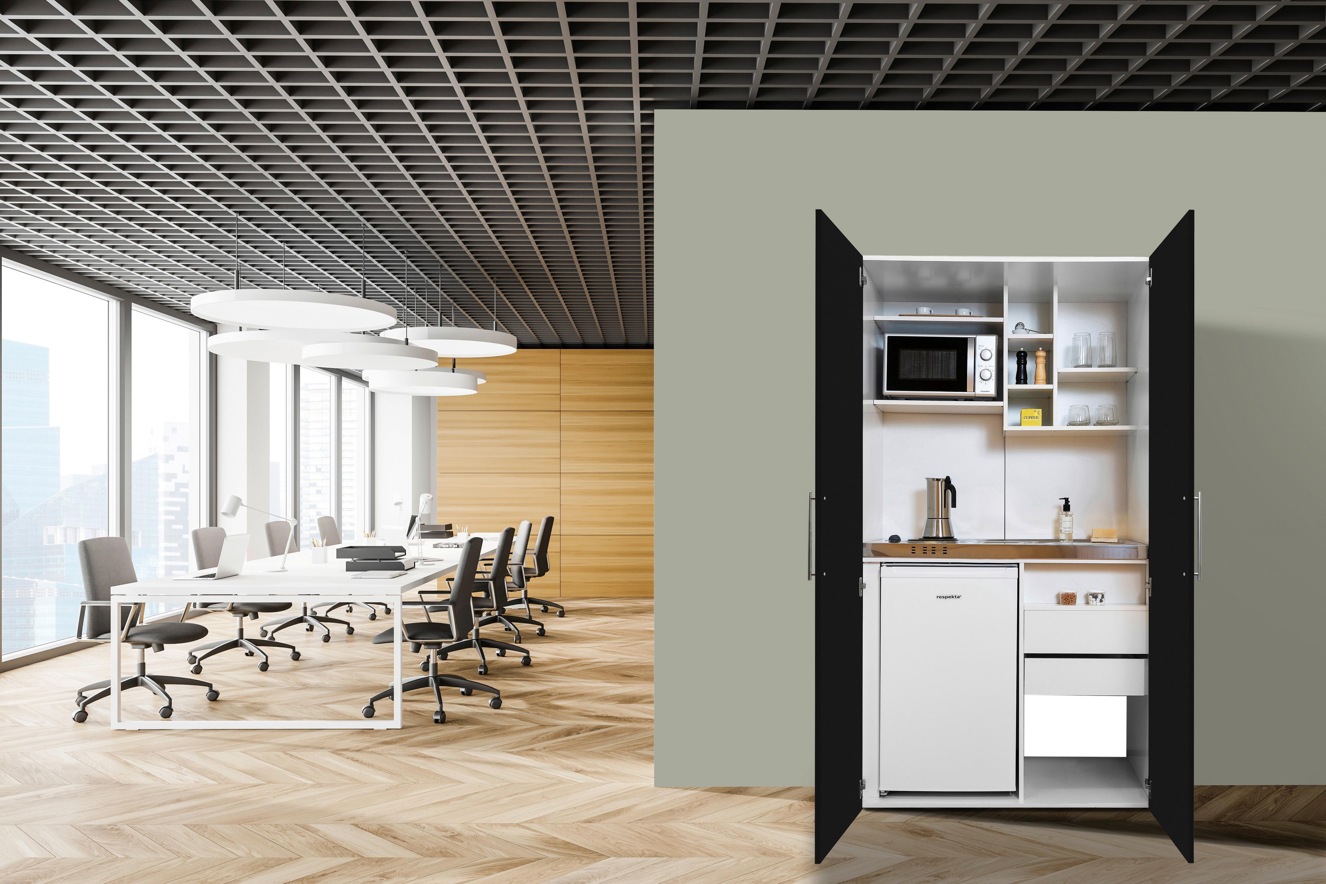 Schrankküche mit Mikrowelle + Kühlschrank 104cm Weiß/Schwarz - Silberfarben/Schwarz, MODERN, Holzwerkstoff/Metall (104/193/67cm) - Respekta