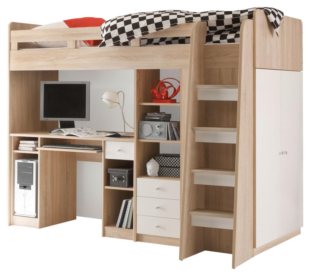 Hochbett UNIT inkl. Stauraum u. Tisch, LF: 90x200 cm - Eichefarben/Weiß, MODERN, Holzwerkstoff (90/200cm) - MID.YOU