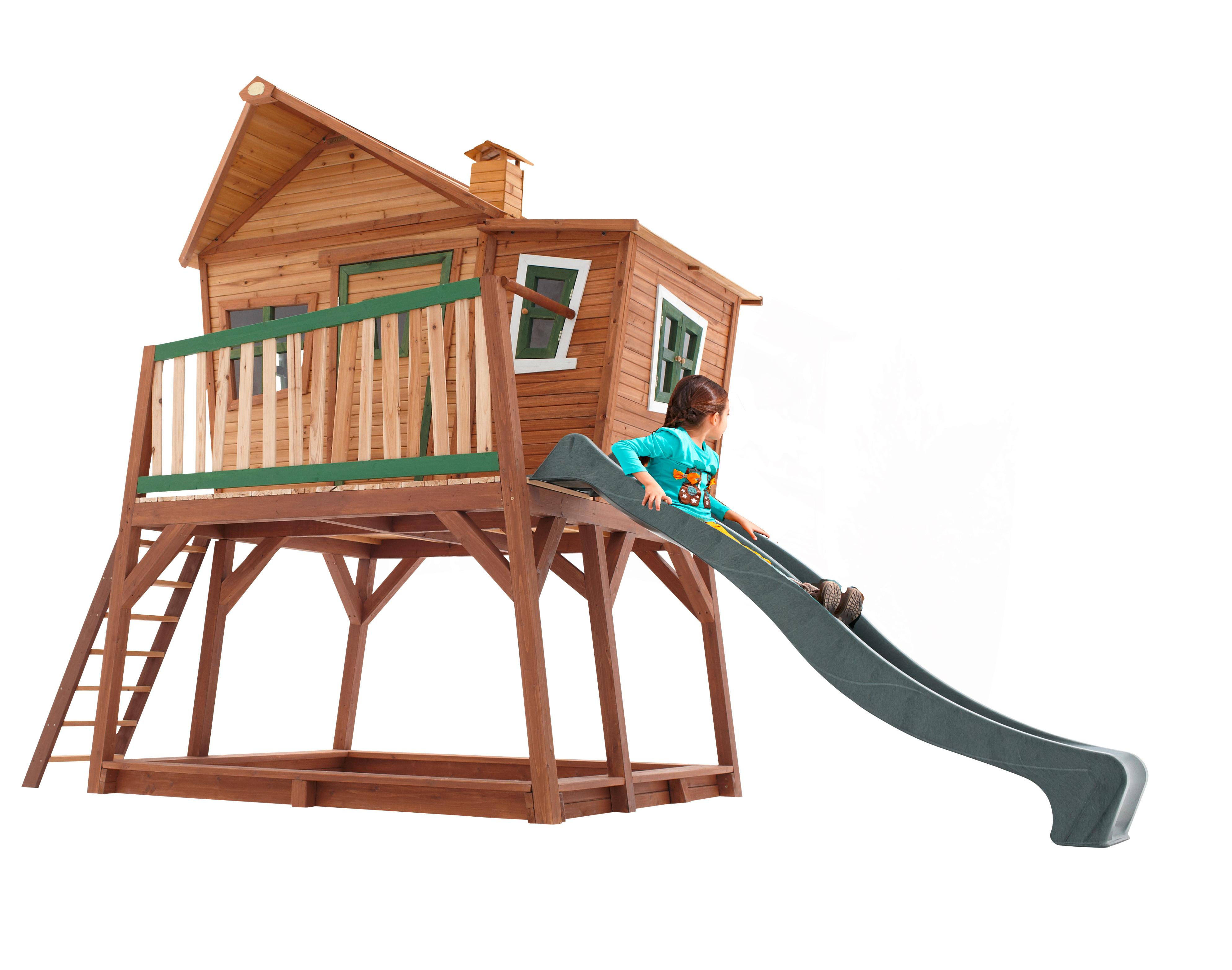 Spielhaus Holz Mit Rutsche Und Kletterwand Braun Grün Max - Braun/Naturfarben, KONVENTIONELL, Holz (435/291/180cm) - Ambia Garden