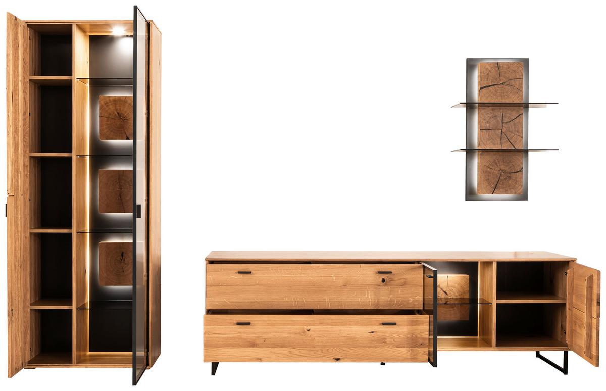Wohnwand Assini Wildeiche B: 306 cm - Wildeiche/Schwarz, Design, Glas/Holz (306/206/50cm) - MID.YOU