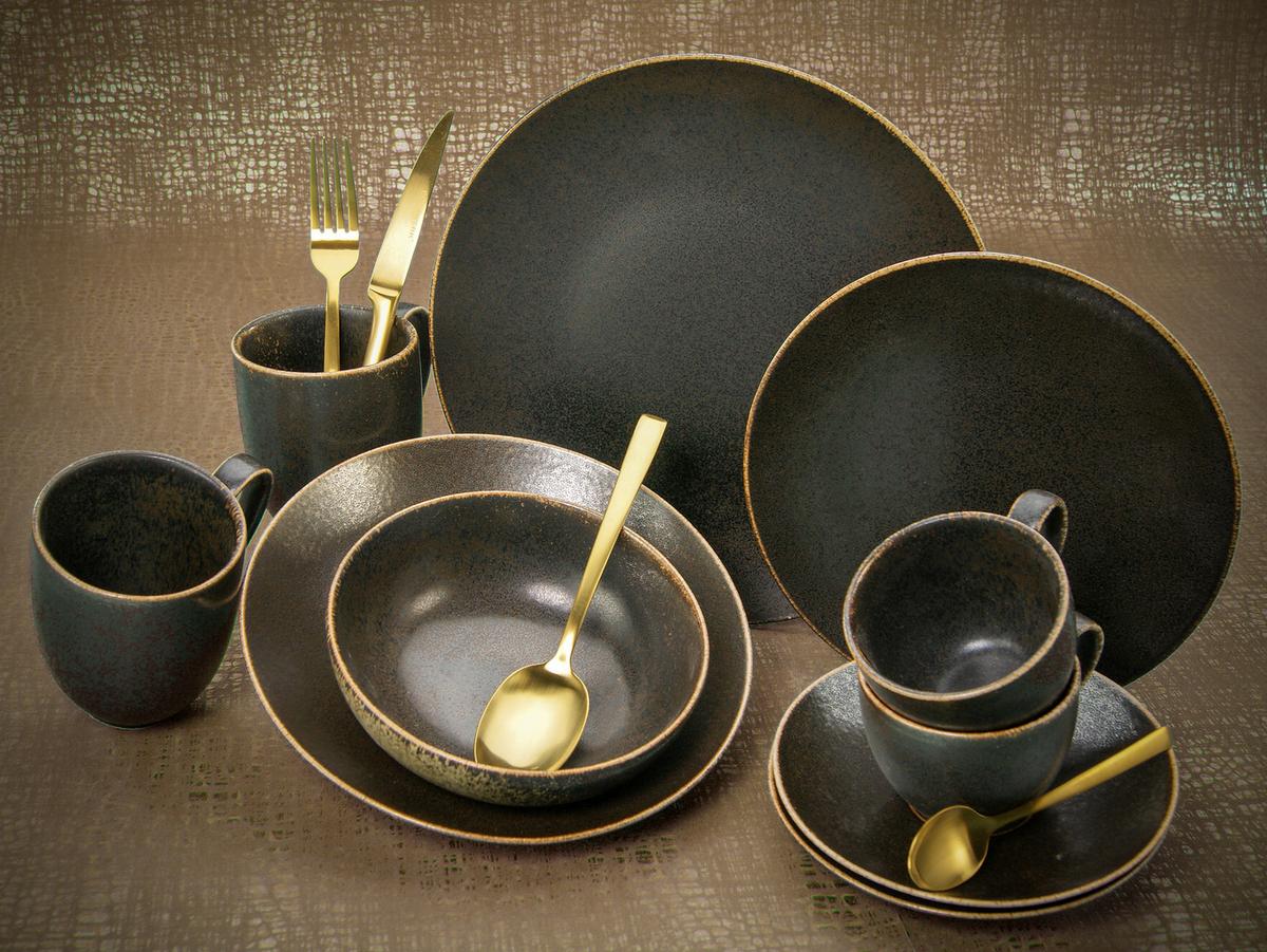 Kombiservice Rusty Keramik 4 Personen Geschirr Set - Goldfarben/Schwarz, Design, Keramik (33/34/34cm) - Creatable