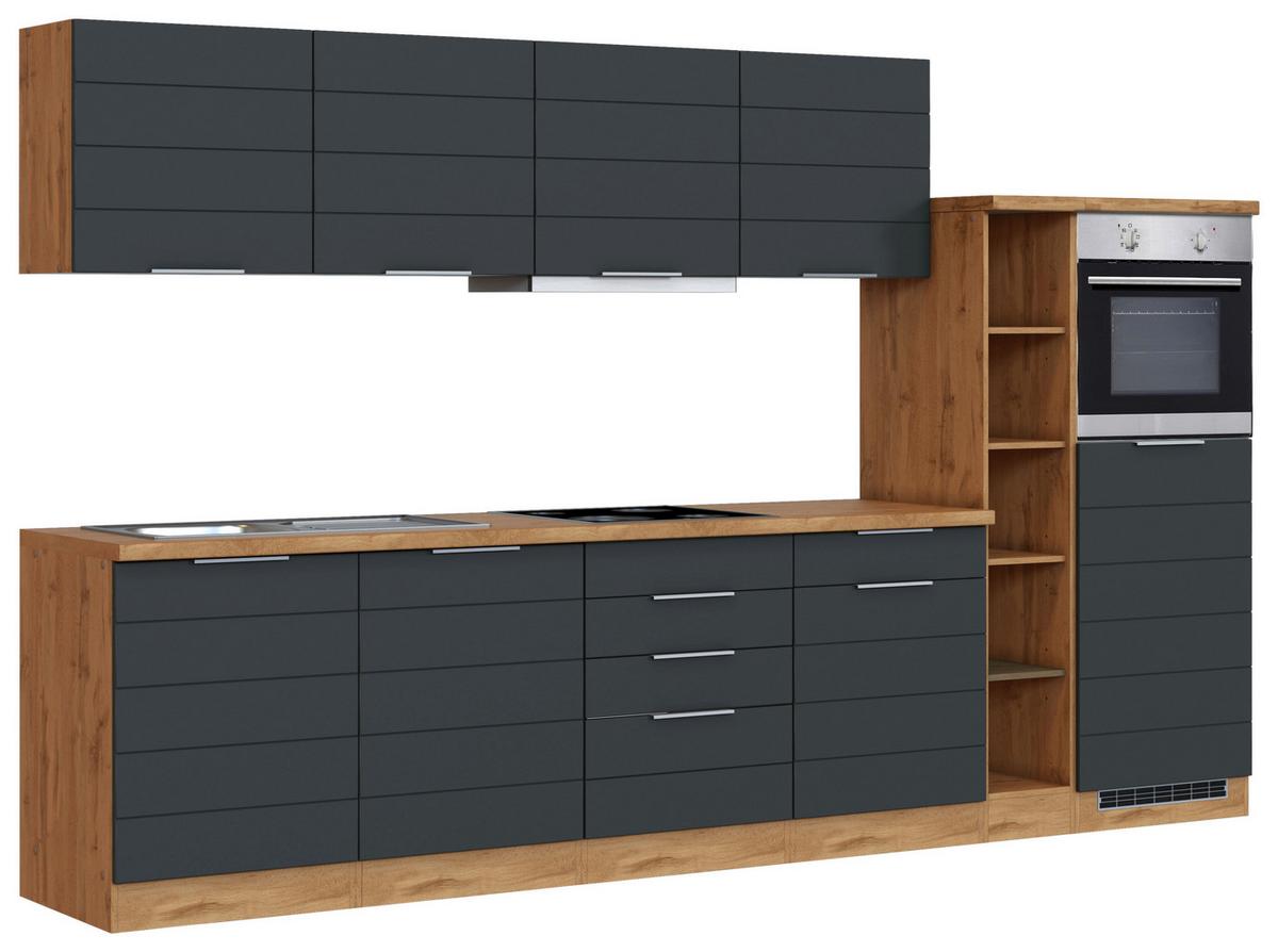 Küchenzeile Florenz mit Geräten 330 cm Grau/Eichefarben - Eiche Wotan/Grau, Design, Holzwerkstoff (330cm) - Held