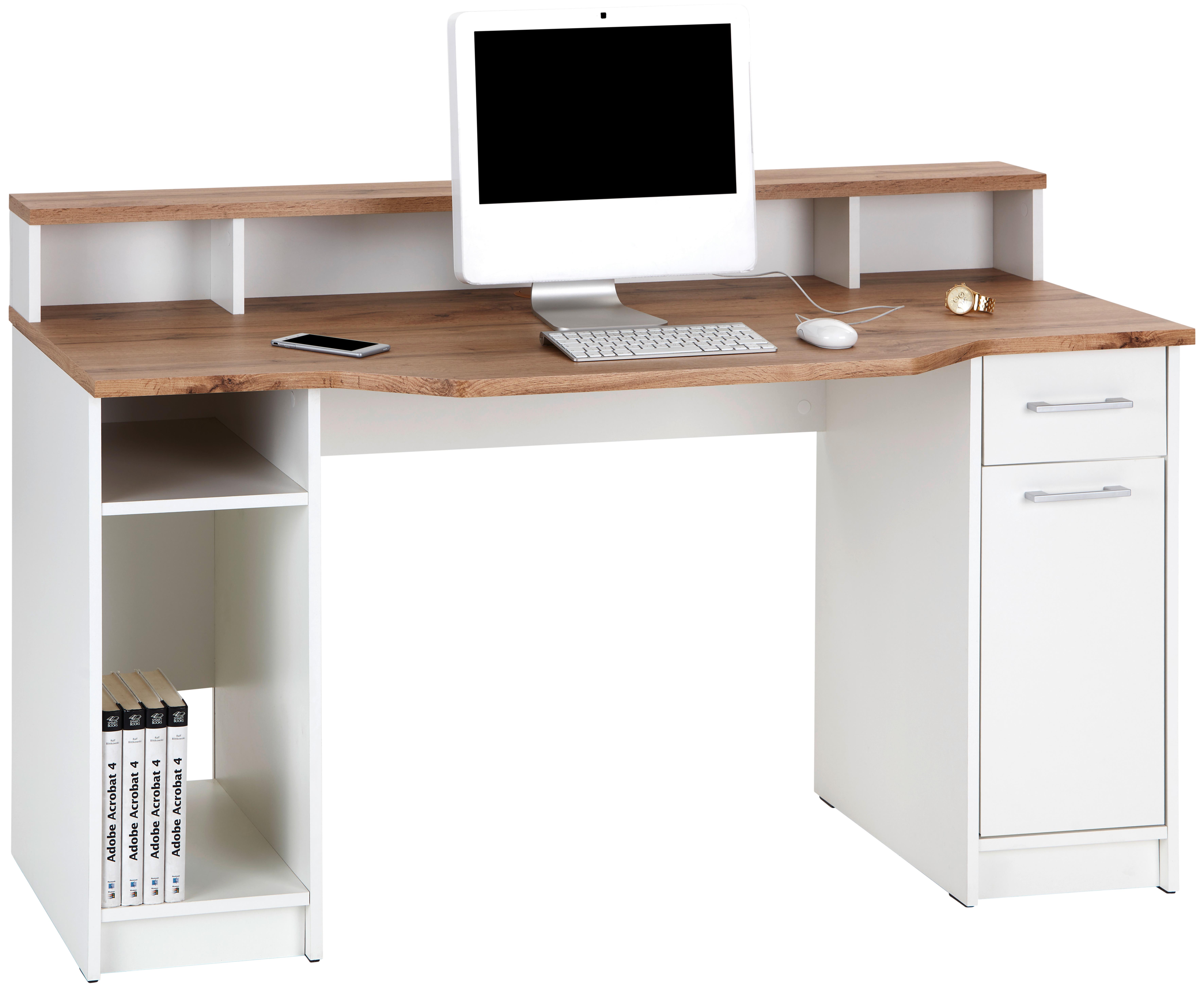 Schreibtisch + Stauraum B 150 cm H 91cm Tobi Eiche Dekor - Eichefarben/Weiß, MODERN, Holzwerkstoff (150/91/68cm)