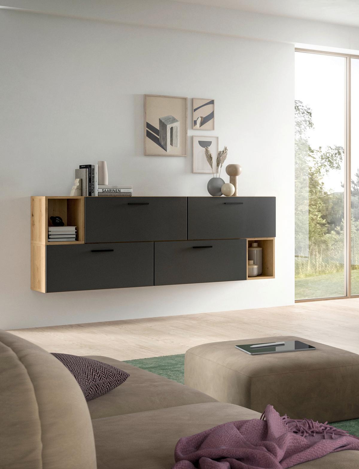 Wohnwand, The One 2, B: 176 cm Grau/Artisan Eiche Dekor - Schwarz/Eiche Artisan, Trend, Holzwerkstoff (176/97/34cm)