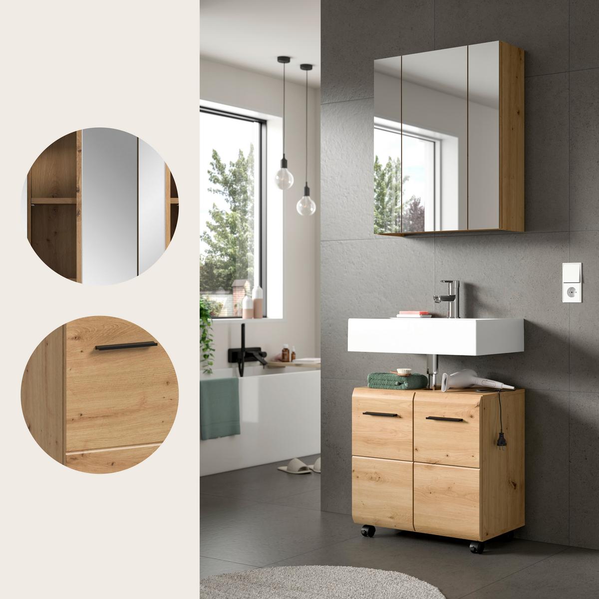 Badezimmer Ice Eiche Artisan Dekor B: 60cm - Schwarz/Eiche Artisan, Trend, Glas/Holzwerkstoff (60cm) - MID.YOU