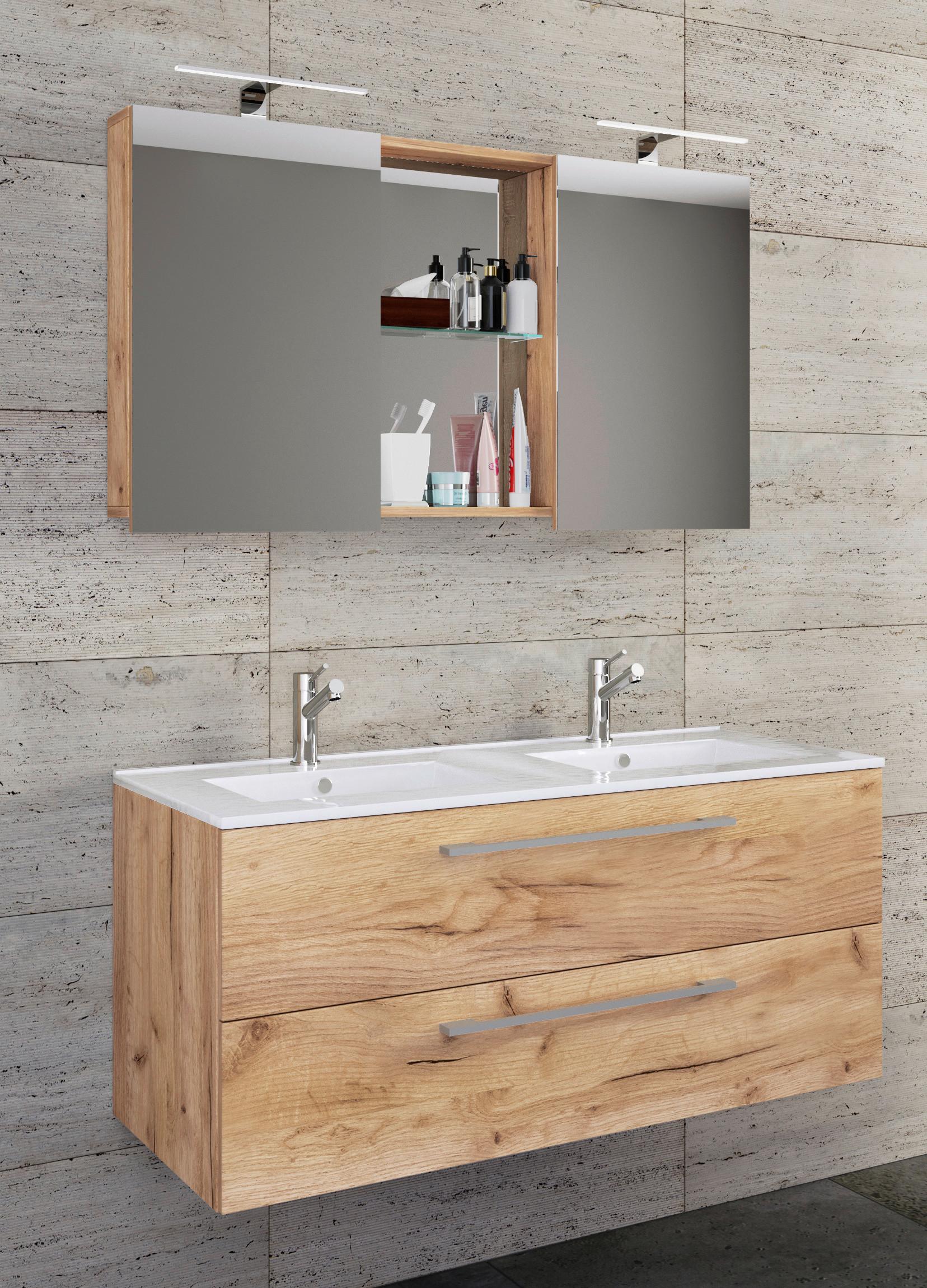 Badezimmer Budasi Honigeiche B: 111 cm - Honigeiche/Weiß, MODERN, Keramik/Holzwerkstoff (112cm) - MID.YOU