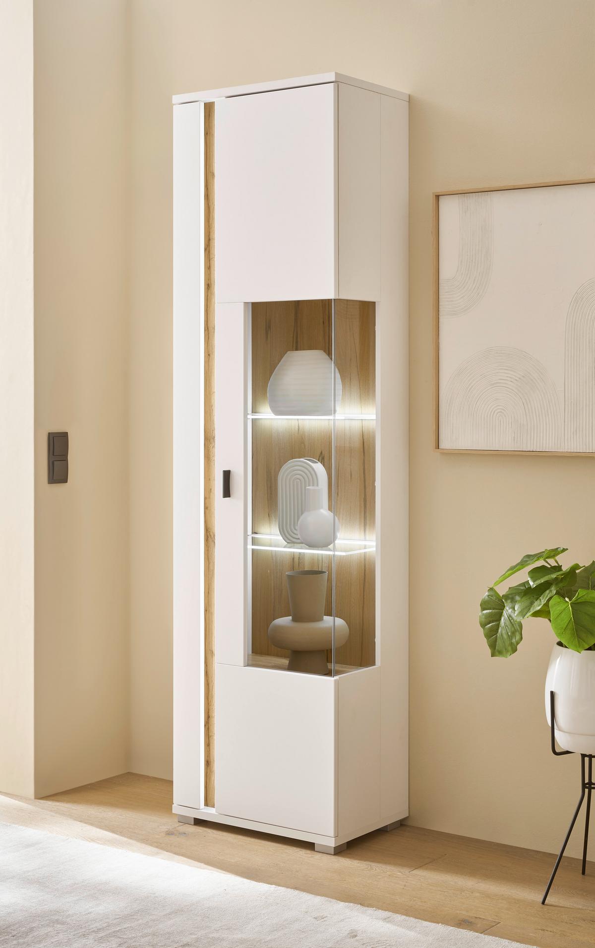 Vitrine Long Island Weiß/Eiche Wotan B: 55 cm - Silberfarben/Eiche Wotan, Design, Glas/Holzwerkstoff (55/200/35cm) - MID.YOU