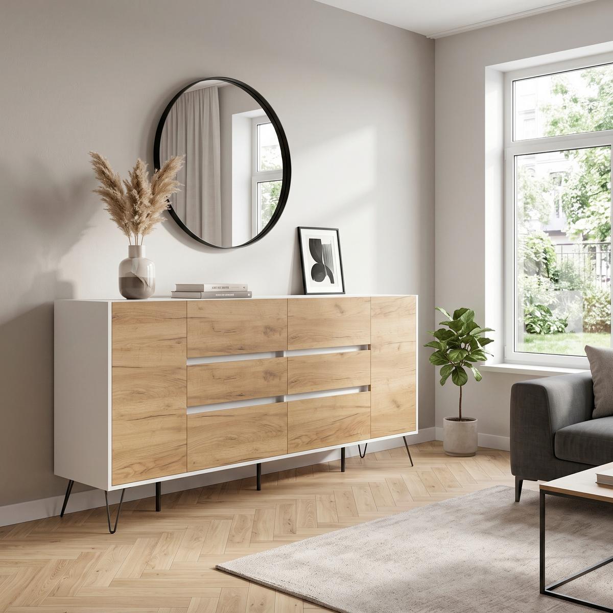 Sideboard Posseik Industrial Weiß/Eichefarben B: 199 cm - Weiß Hochglanz/Eichefarben, Design, Holzwerkstoff (199/93,6/42cm) - MID.YOU