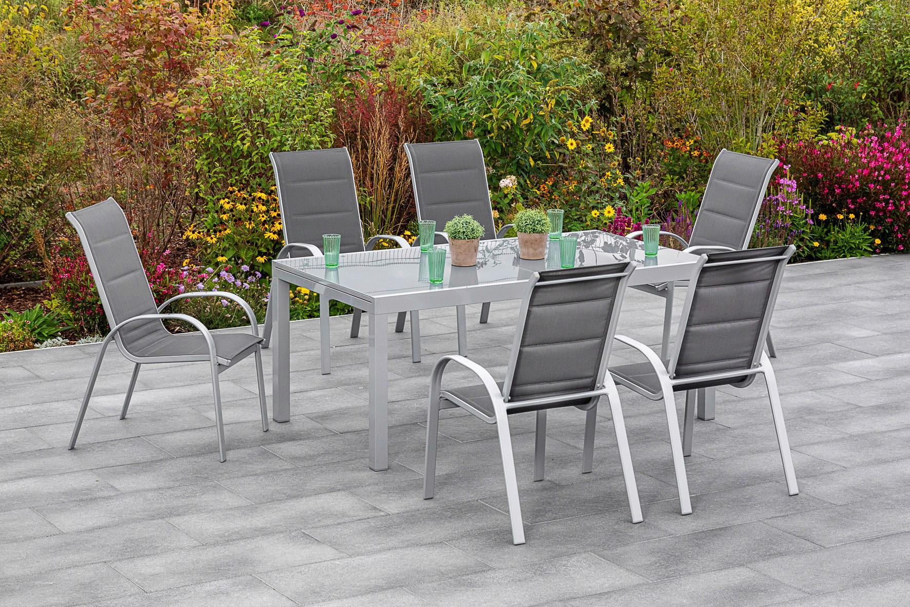 Gartenmöbel Set 7-Tlg Amalfi Di Lusso Metall/Glas/Textil - Anthrazit/Silberfarben, KONVENTIONELL, Glas/Textil - Gardenson