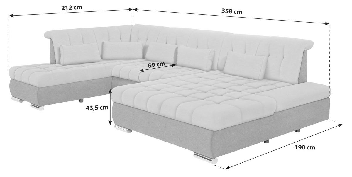 Wohnlandschaft Madera Mit Schlaffunktion Anthrazit/Grau - Anthrazit/Silberfarben, MODERN, Kunststoff/Textil (212/358/190cm) - Ondega