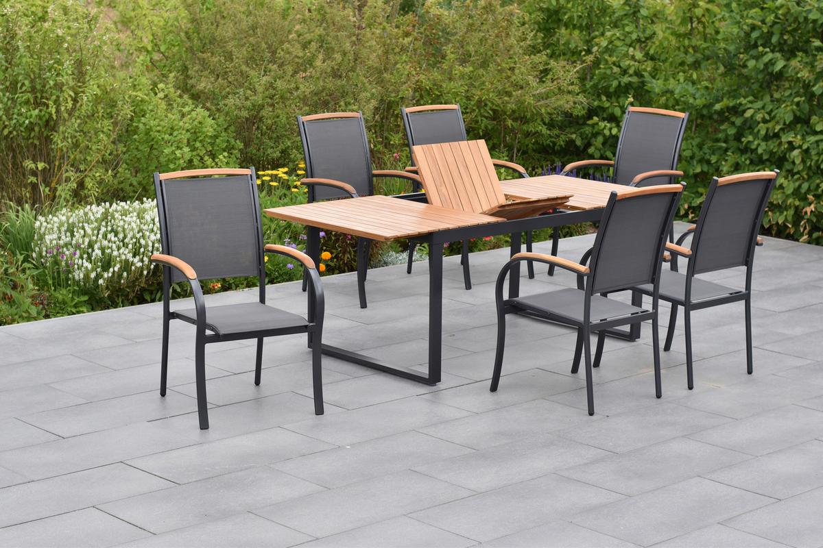 Gartentischgruppe Siena 7-Tlg. Aus Akazie, Tisch ausziehbar - Graphitfarben/Grau, KONVENTIONELL, Holz/Textil - Gardenson