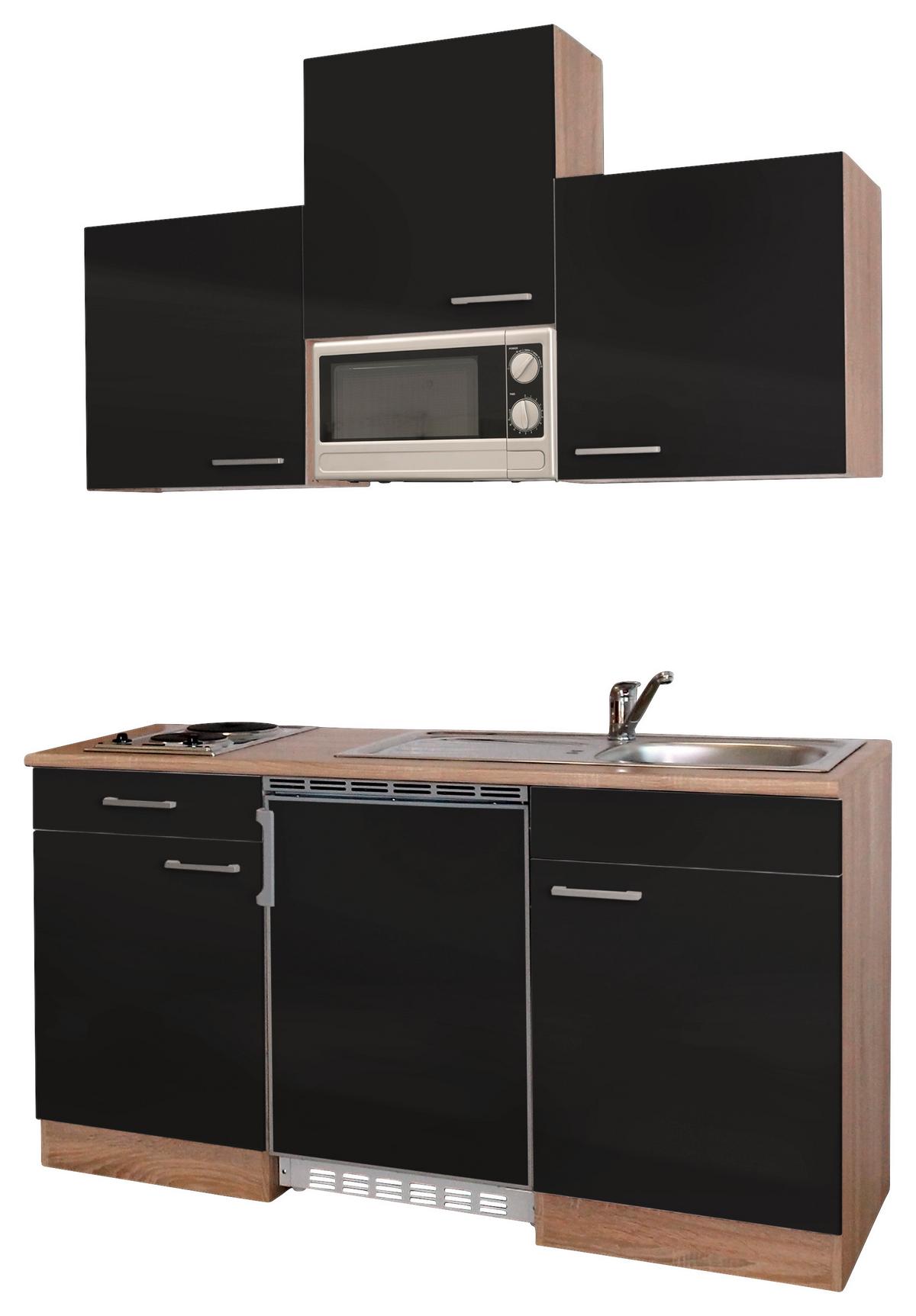 Miniküche M. Mikrowelle + Kühlschrank 150 Cm Schwarz - Eichefarben/Schwarz, Basics, Holzwerkstoff (150cm) - Respekta