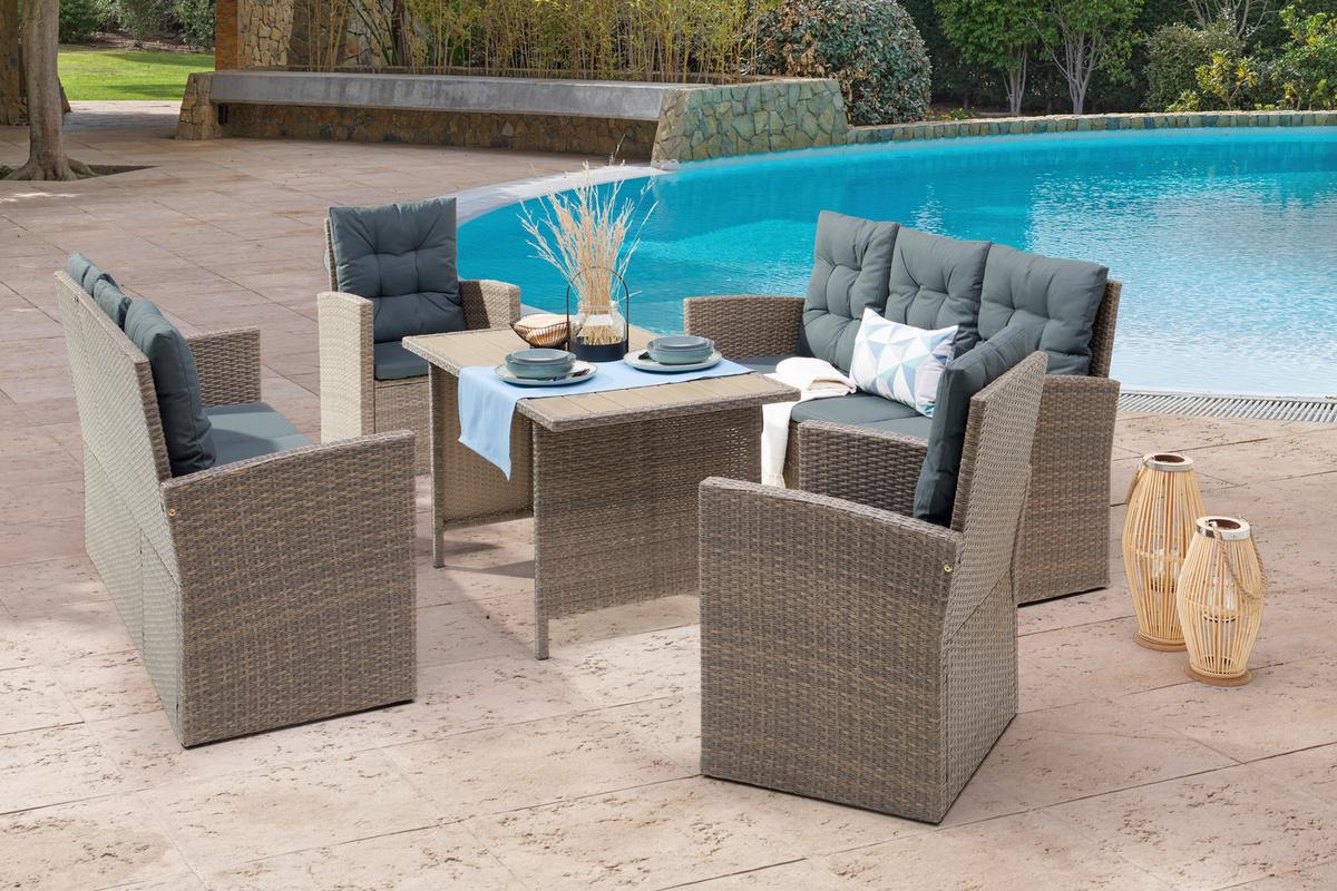 Loungegarnitur 5-tlg. Hadwin, Kunststoffgeflecht Mit Kissen - Dunkelgrau/Grau, MODERN, Holzwerkstoff/Kunststoff (120/70/66cm) - Luca Bessoni