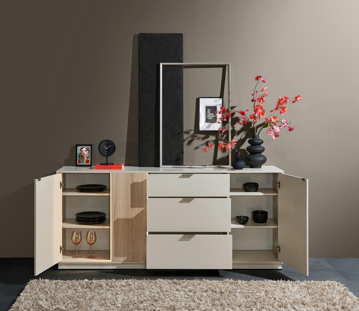 Sideboard Alex Kaschmir, B: 193cm - Kaschmir/Schwarz, Design, Holzwerkstoff (193/83/40cm) - MID.YOU