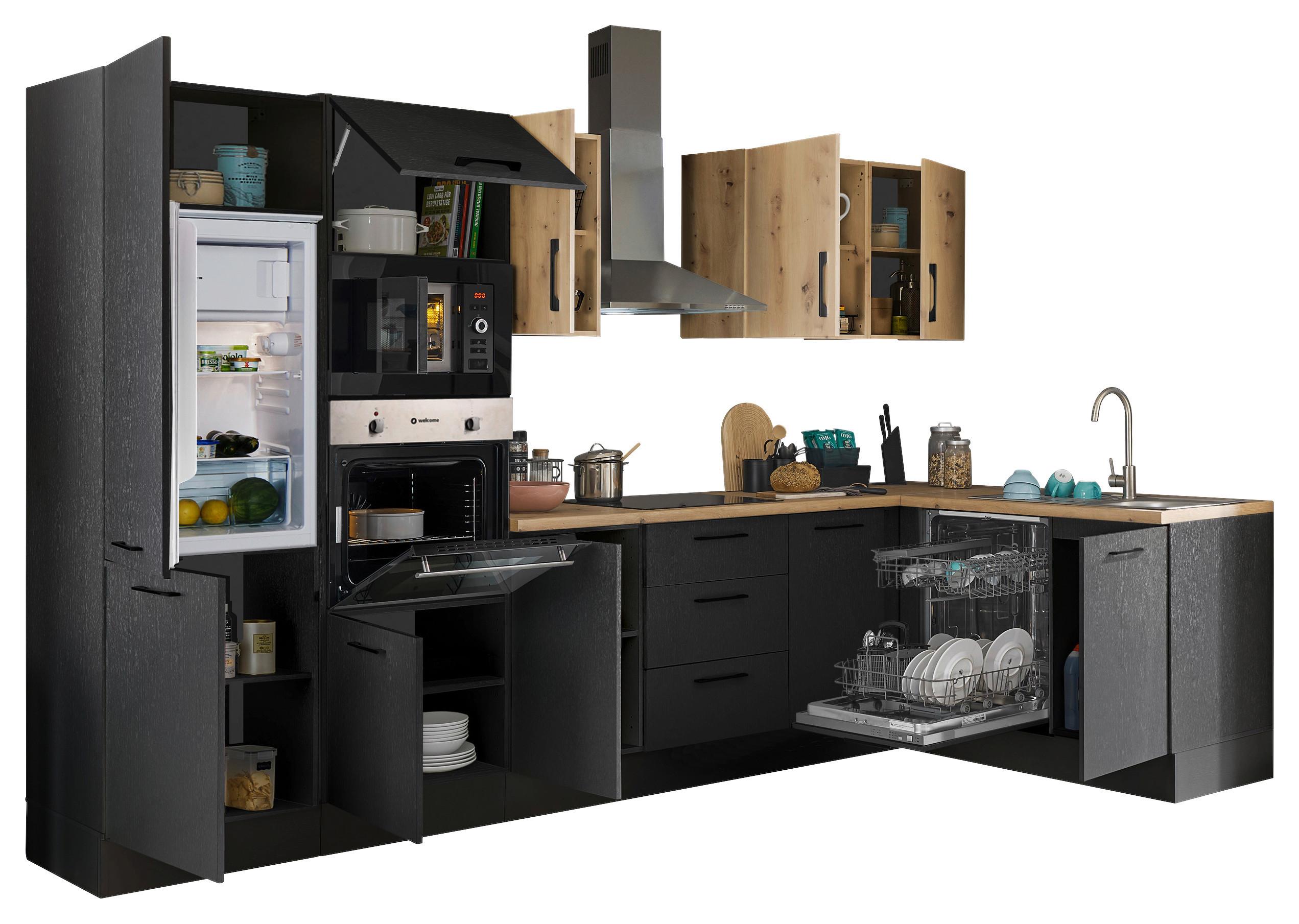 Eckküche Turin Schwarz/Eiche Dekor 340x175 cm - Schwarz/Eiche Artisan, Basics, Holzwerkstoff (340/175cm) - MID.YOU