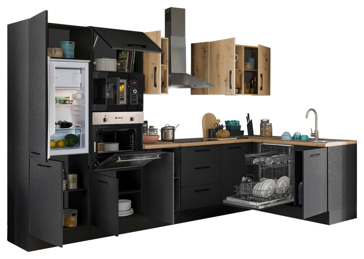 Eckküche Turin Schwarz/Eiche Dekor 340x175 cm - Schwarz/Eiche Artisan, Basics, Holzwerkstoff (340/175cm) - MID.YOU