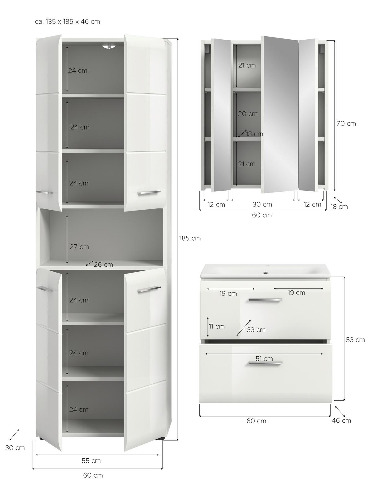 Badezimmer Ice Weiß Hg B: 120 Cm - Weiß Hochglanz/Schwarz, MODERN, Keramik/Holzwerkstoff (120/185/46cm) - MID.YOU