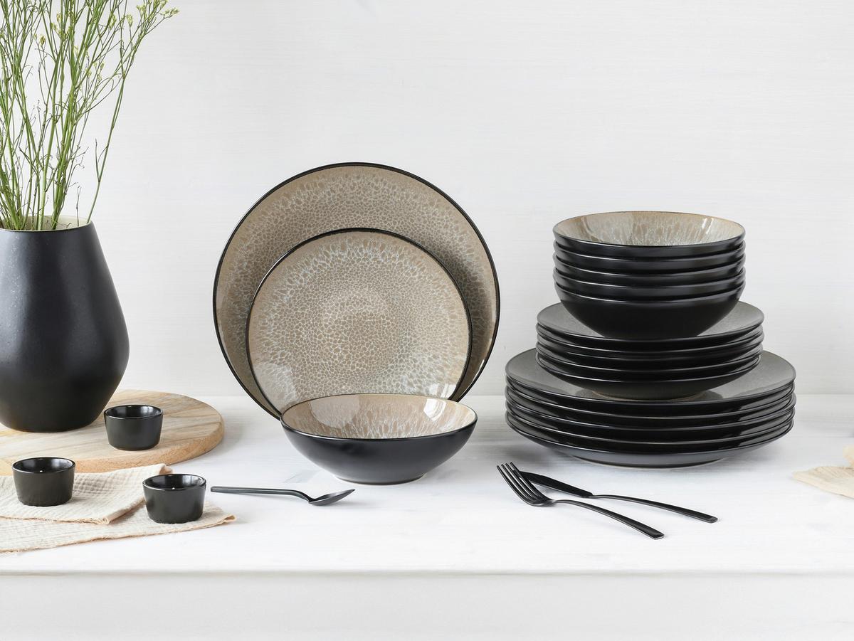 Tafelservice Steinzeug, 6 Pers., 18-Teilig - Beige/Schwarz, Basics, Keramik - Creatable