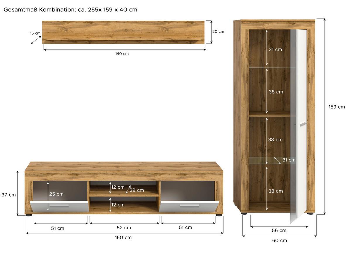 Wohnwand Jam Eiche Dekor Weiß 3-Teilig B: 235 Cm - Eiche Wotan/Schwarz, Design, Glas/Holzwerkstoff (235/159/35cm) - MID.YOU