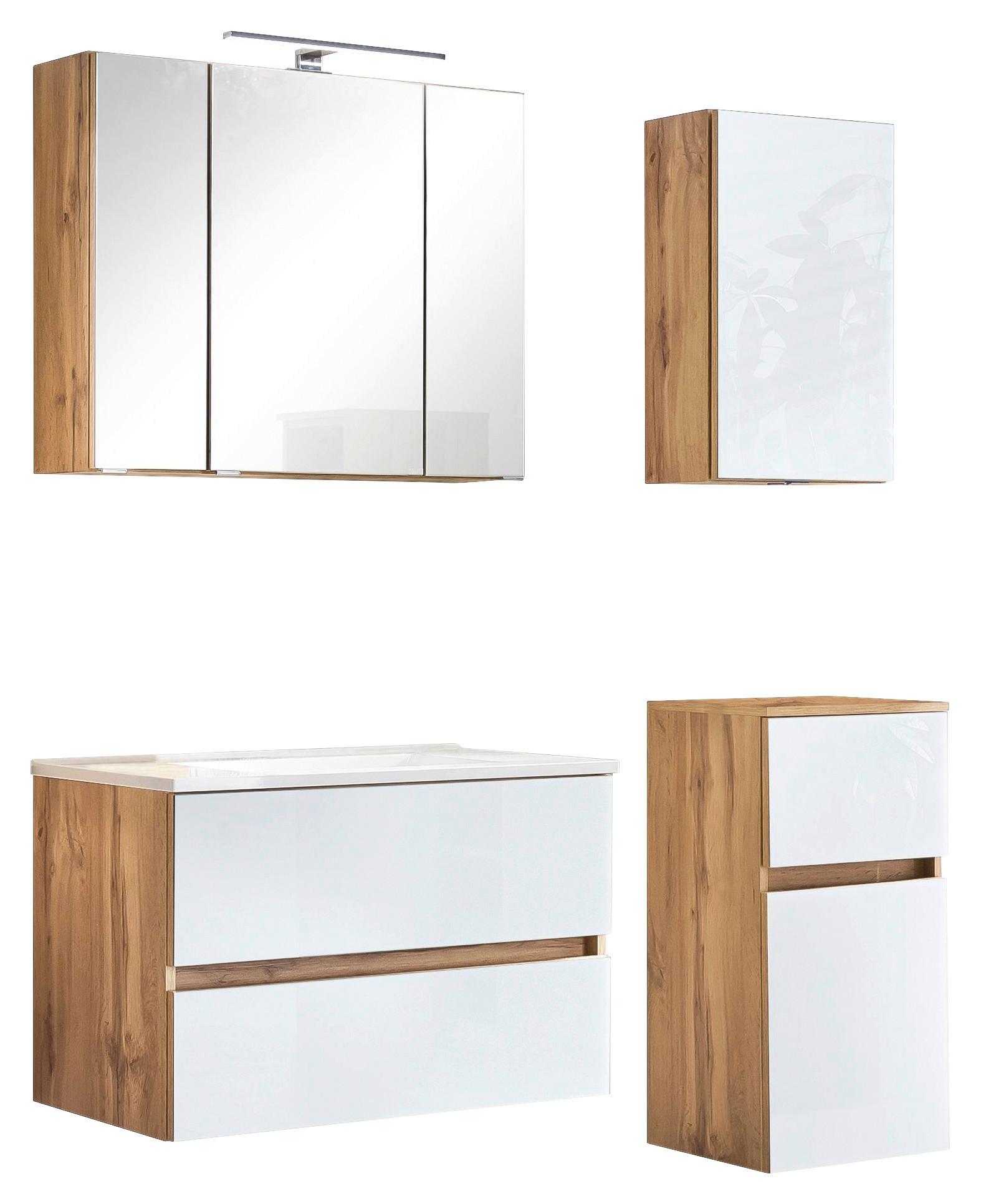 Badmöbel-set 5-tlg. Inkl. Led Helsinki, Weiß/eiche - Eichefarben/Weiß, KONVENTIONELL, Glas/Holzwerkstoff (120cm) - Held