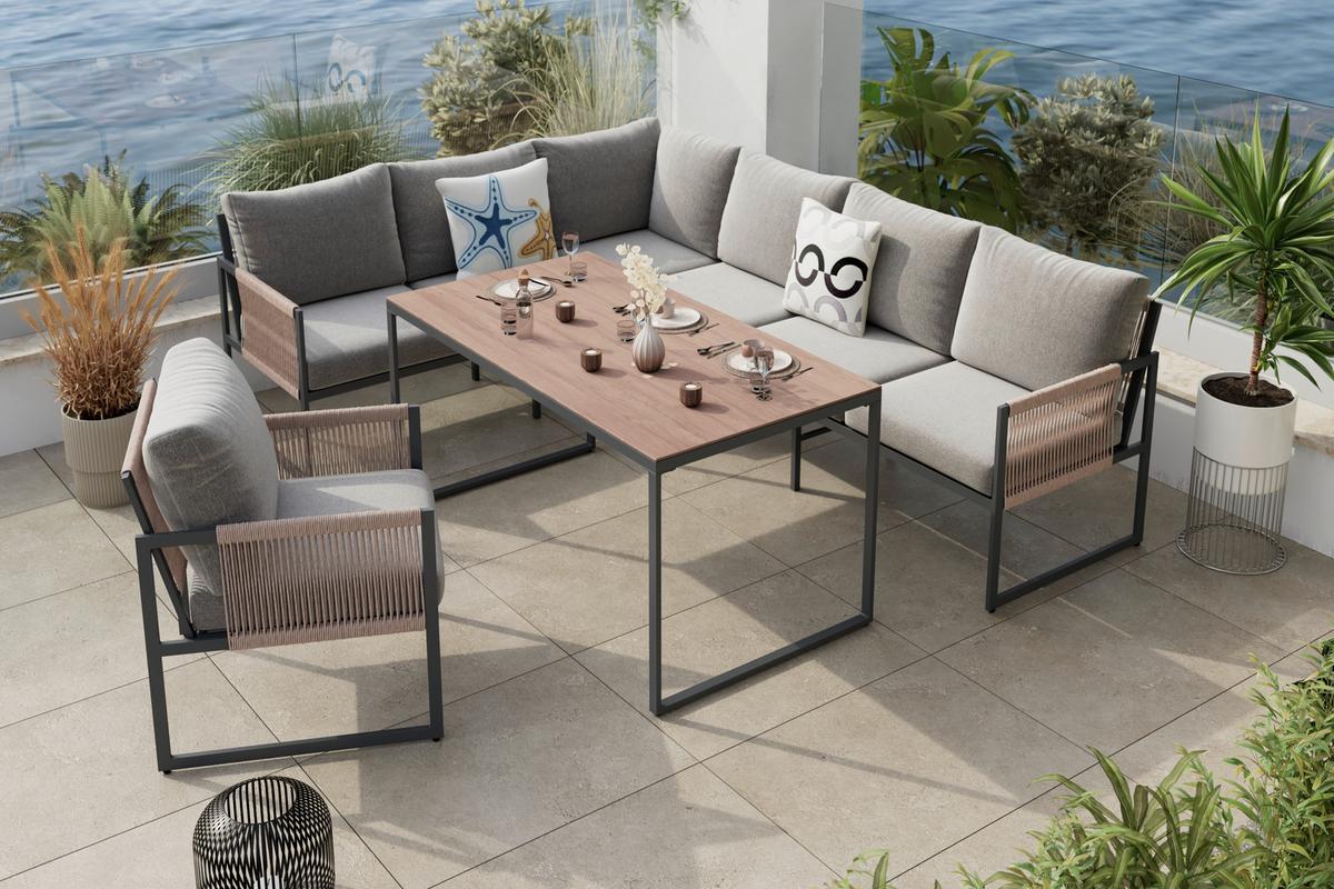 Loungegarnitur Lyon - Dunkelgrau/Beige, MODERN, Glas/Kunststoff (244,50/187cm) - Beldano