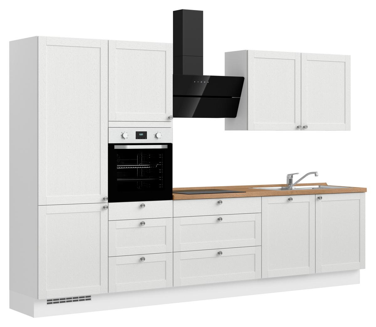 Kuchynská linka 330 cm, biela / dub Sierra - biela/farba ušľachtilej ocele, Romantik / Landhaus, kov/kompozitné drevo (330cm) - Nobilia