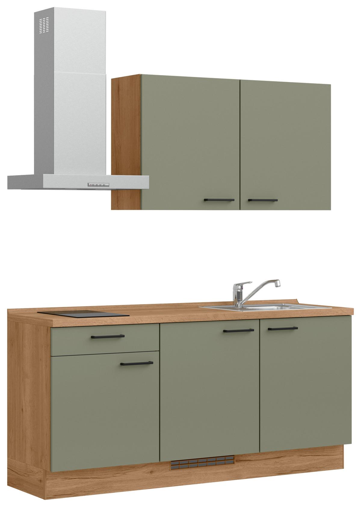 Kuchyňská linka 180 cm, olivově zelená - barvy dubu/černá, Moderní, kov/kompozitní dřevo (180cm) - Nobilia