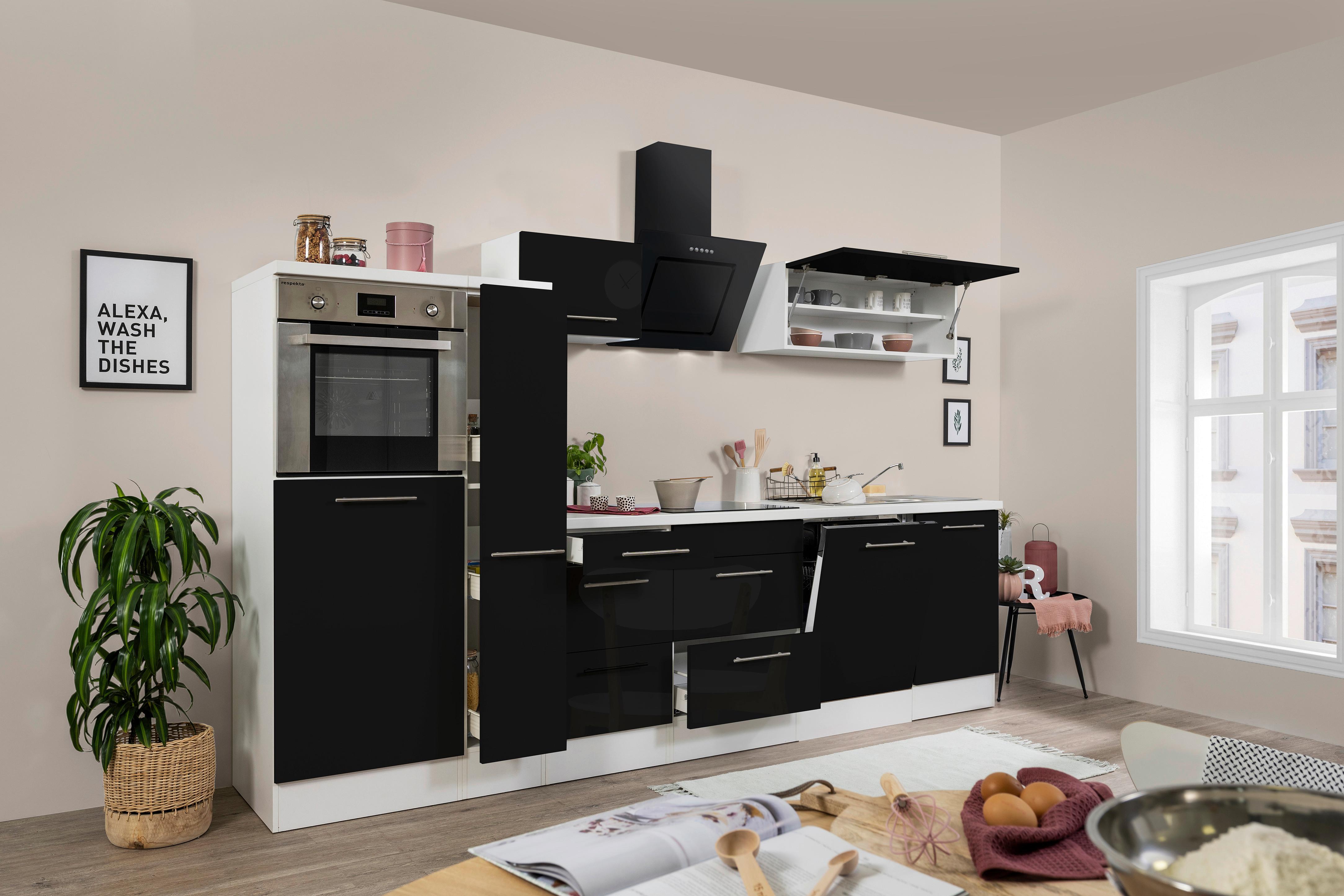 Küchenzeile mit Geräten 310 cm Schwarz Hochglanz/Weiß - Schwarz/Weiß, KONVENTIONELL, Holzwerkstoff (310cm) - Respekta