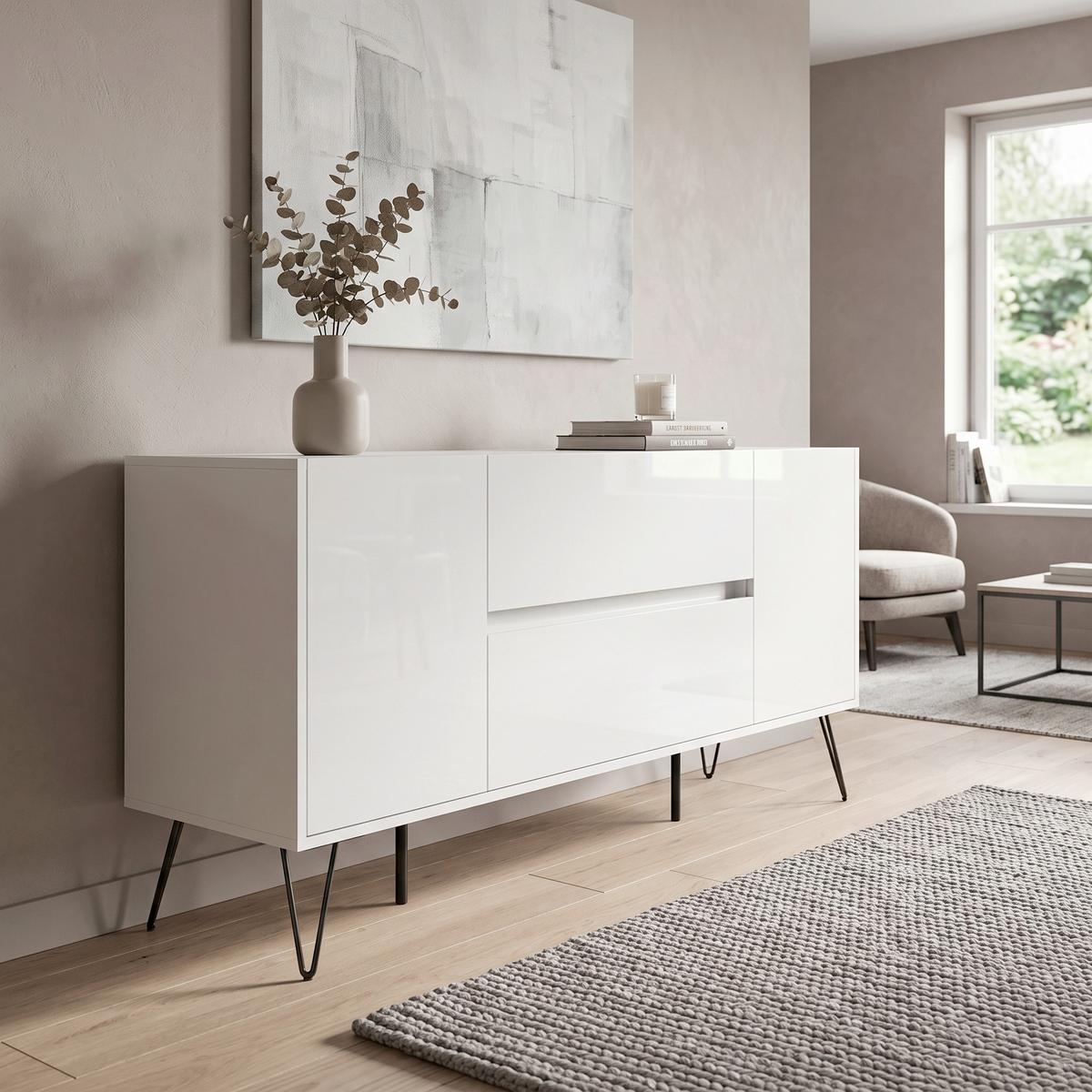 Sideboard Posseik Industrial Weiß B: 155 cm - Weiß Hochglanz/Schwarz, Design, Holzwerkstoff (155/75,8/42cm) - MID.YOU