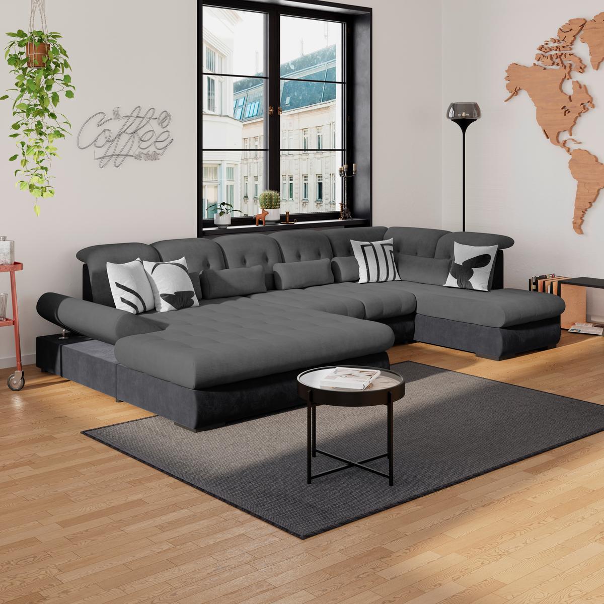 Wohnlandschaft Madera Anthrazit B: 358 cm - Anthrazit/Schwarz, KONVENTIONELL, Kunststoff/Textil (190/358/212cm)