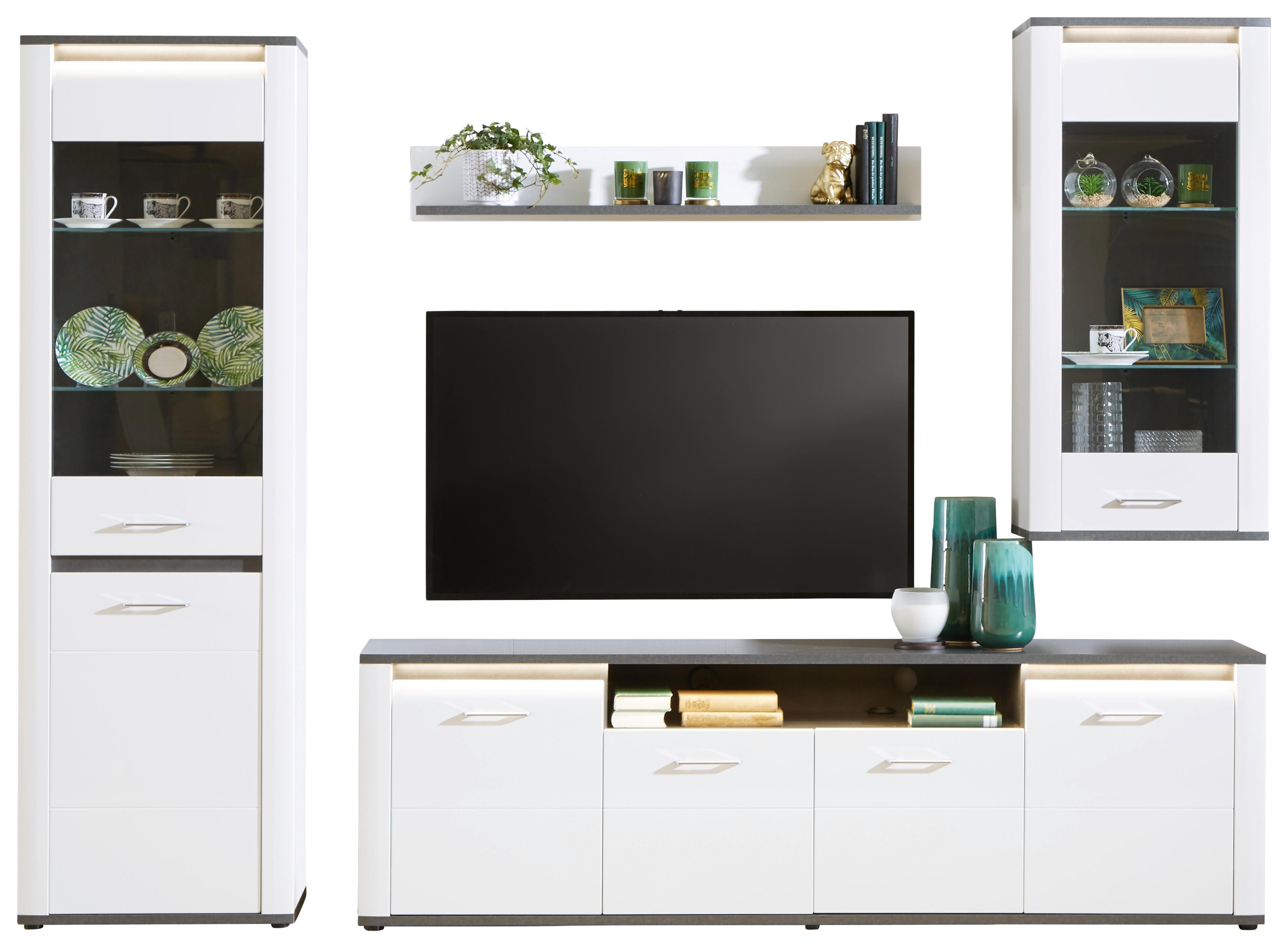 Wohnkombination Modern 5 -Teilig. mit Led Alassio 6, Weiß/Matera