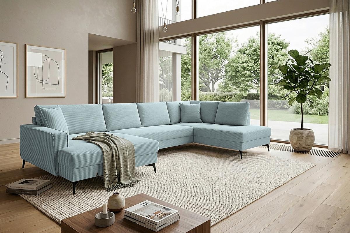 Wohnlandschaft Zero Hellblau U-Form 195x362x173cm - Salbeigrün/Schwarz, Trend, Textil (173/362/195cm)