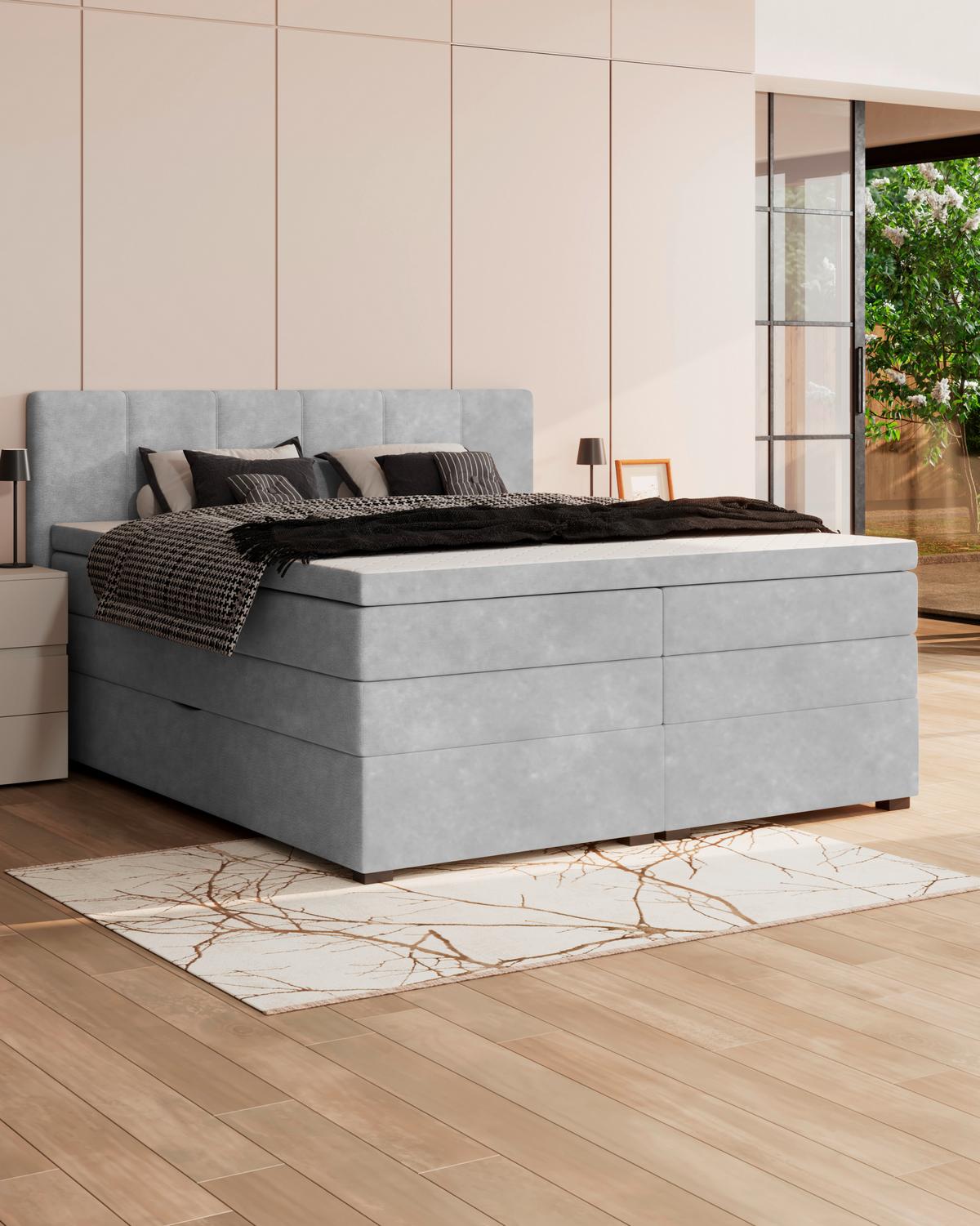 Boxspringbett mit Topper & Bettkasten 200x200 Lauro - Hellgrau/Schwarz, Trend, Textil (200/200cm)