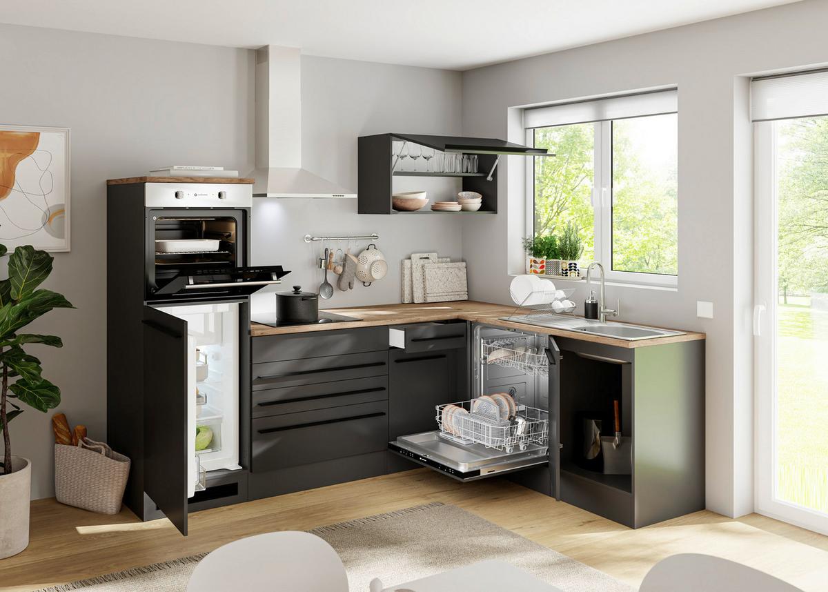 Kuchynský blok JAZZ 6 bez spotrebičov, šírka 260cm - čierna/farba duba, Modern, kompozitné drevo (260/200/60cm) - Modern Living