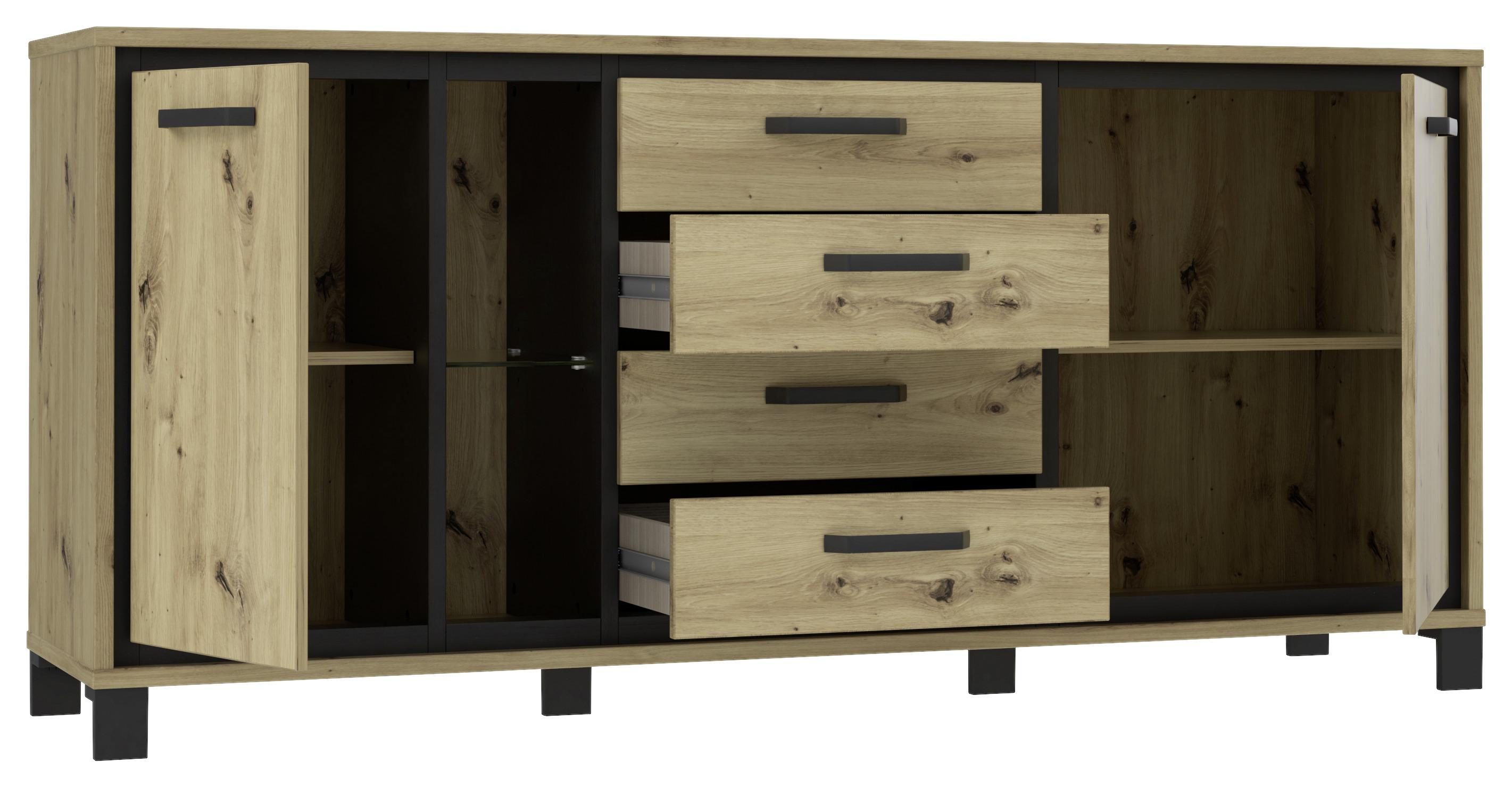 Sideboard Mit Glaselement B: 177,4cm Trondheim, Eiche Dekor - Eichefarben/Schwarz, Basics, Glas/Holzwerkstoff (177,4/81,3/41,5cm) - Livetastic